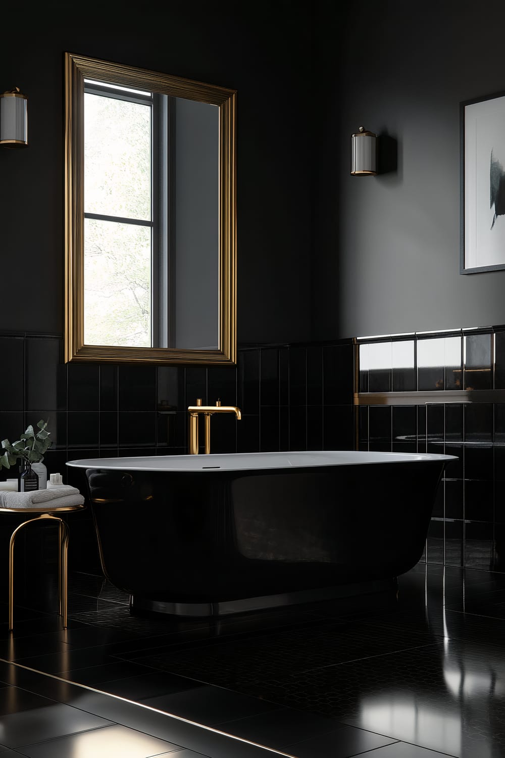 A modern bathroom with a black bathtub, black glossy tiles, and gold accents. The room features a large window with a gold-framed mirror above the bathtub. There is a small side table with a gold frame, holding folded towels and decor. Two wall-mounted lights with gold fixtures are situated above the mirror and next to a piece of framed artwork.