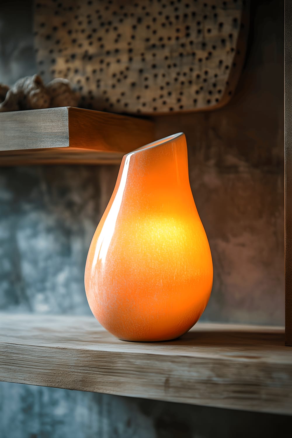 A smooth, handcrafted ceramic lamp painted in terracotta orange placed on a rustic wooden shelf, casting a warm glow that reflects beautifully off its curved surface.