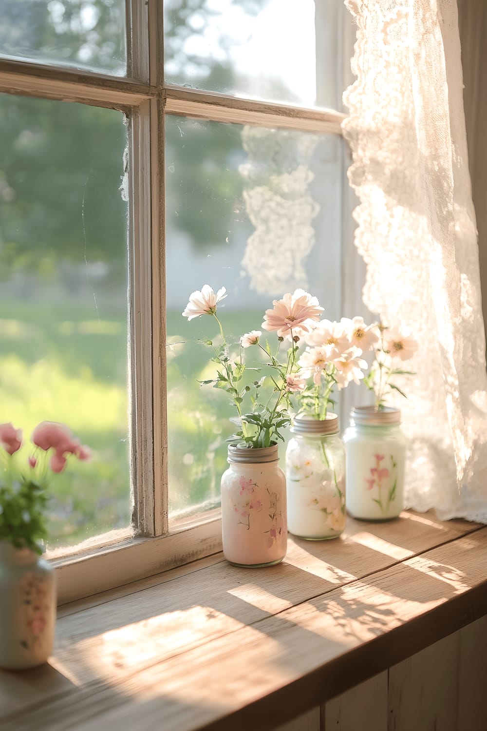 A farmhouse-style kitchen featuring a windowsill adorned with a vintage lace curtain. On the wooden countertop below the window, pastel-painted mason jars serve as vases for fresh flowers. The soft sunlight streaming in from the window casts intricate, floral-shaped shadows on the wood.