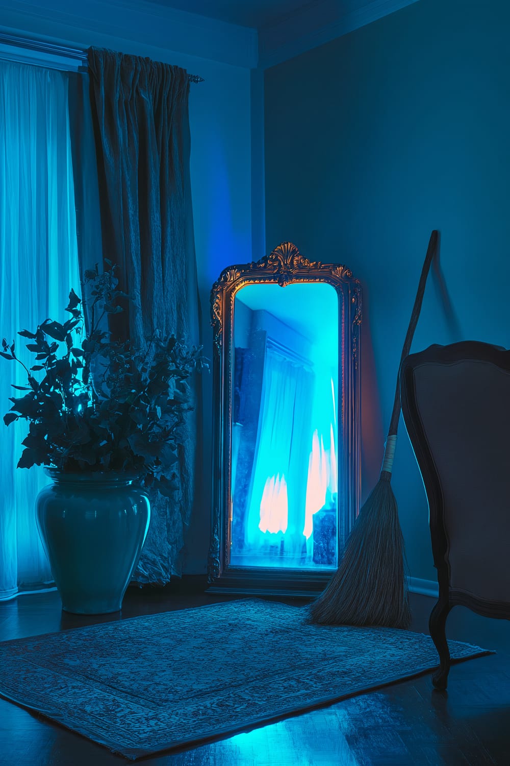 A living room with eerie blue lighting, featuring a large ornate mirror reflecting an indistinct image, a luminous teal vase with foliage, a witch’s broom propped against the wall, and a plush rug on a polished wooden floor.