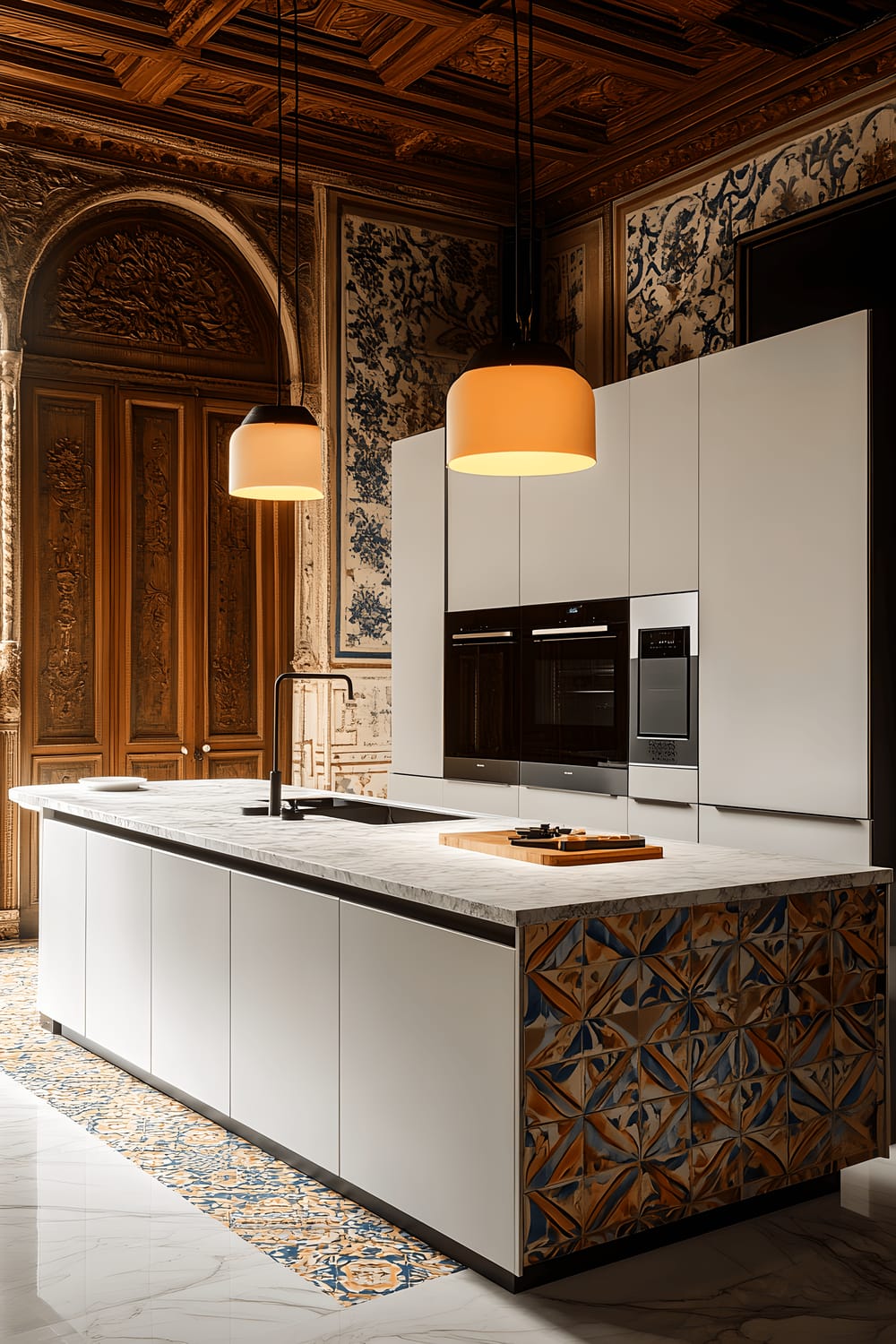 A high-tech smart kitchen integrated with Catalan design elements featuring sleek white cabinets with tile inlays, modern appliances hidden behind minimalist fronts, a large island with marble countertop and built-in smart devices, pendant lights with Catalan geometric patterns hanging above, and a vibrant tiled backsplash in blues and yellows. Smart home controls are discreetly integrated into the cabinetry.