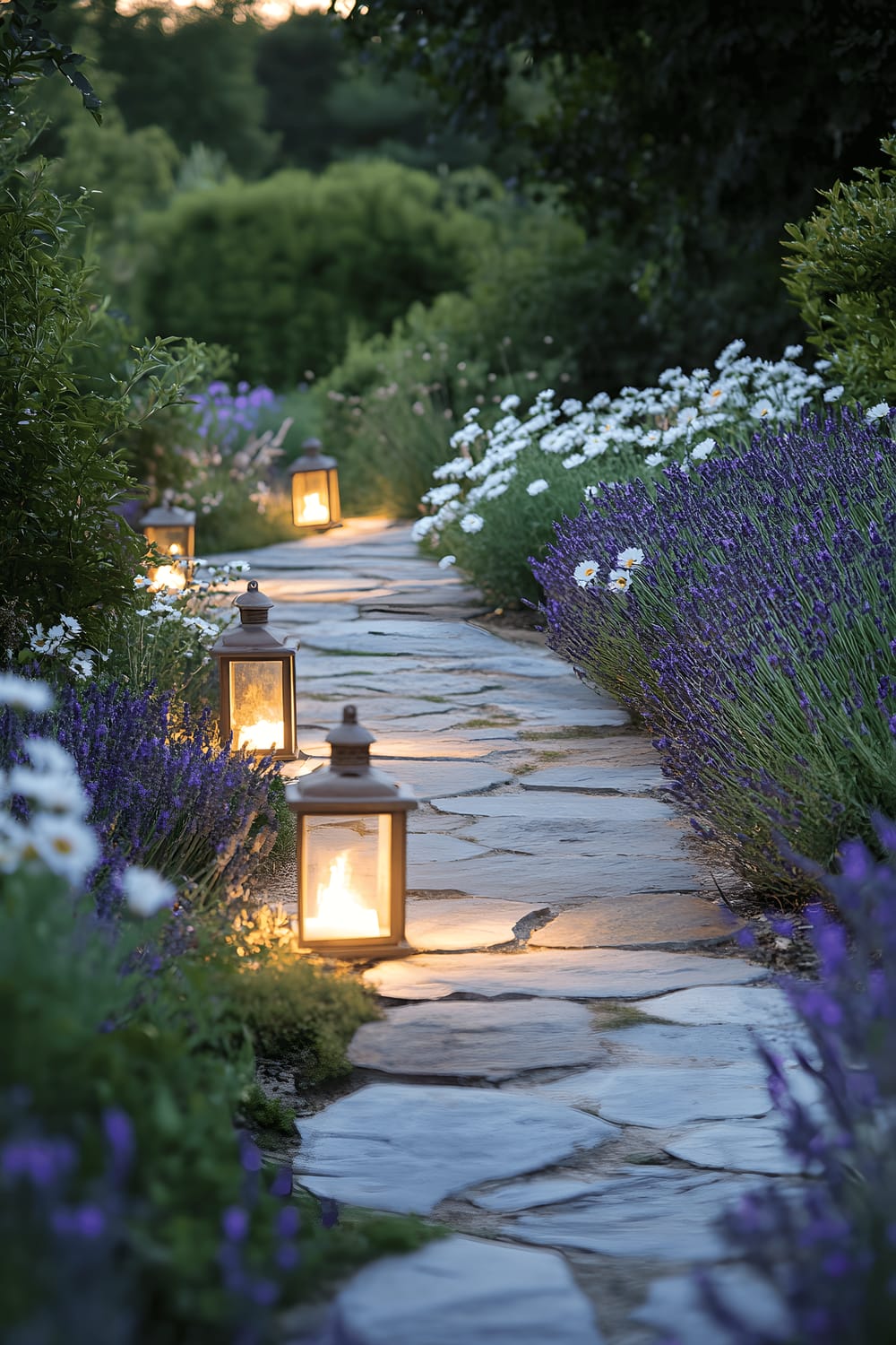 A dusk scene showcasing a lush garden composed of lavender blooms and dainty white daisies edging a winding path built with natural flagstone. Warm light emanates from a series of solar-powered lanterns intermittently placed along the curvilinear pathway, creating a serene and inviting atmosphere.