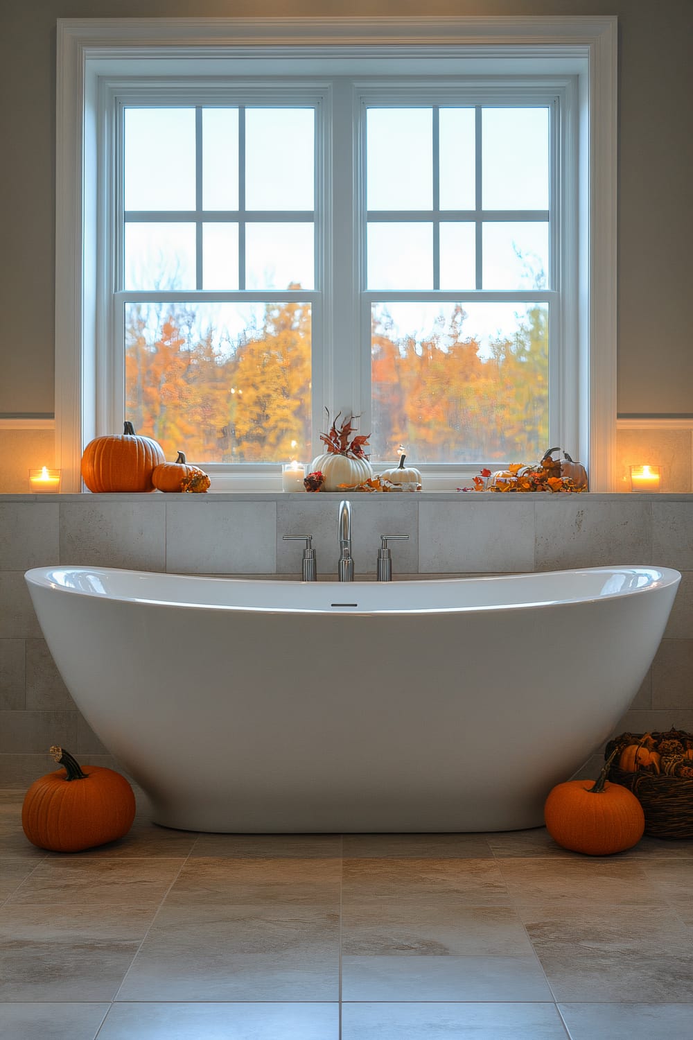 A modern bathroom featuring a pristine white freestanding bathtub centered in front of a large double-hung window. The ledge of the window is adorned with pumpkins of various sizes, autumn leaves, and small decorative candles, evoking a warm fall ambiance. The floor is tiled in a neutral beige tone, and additional pumpkins are placed on the floor on either side of the bathtub, alongside a basket filled with more gourds and dried leaves.