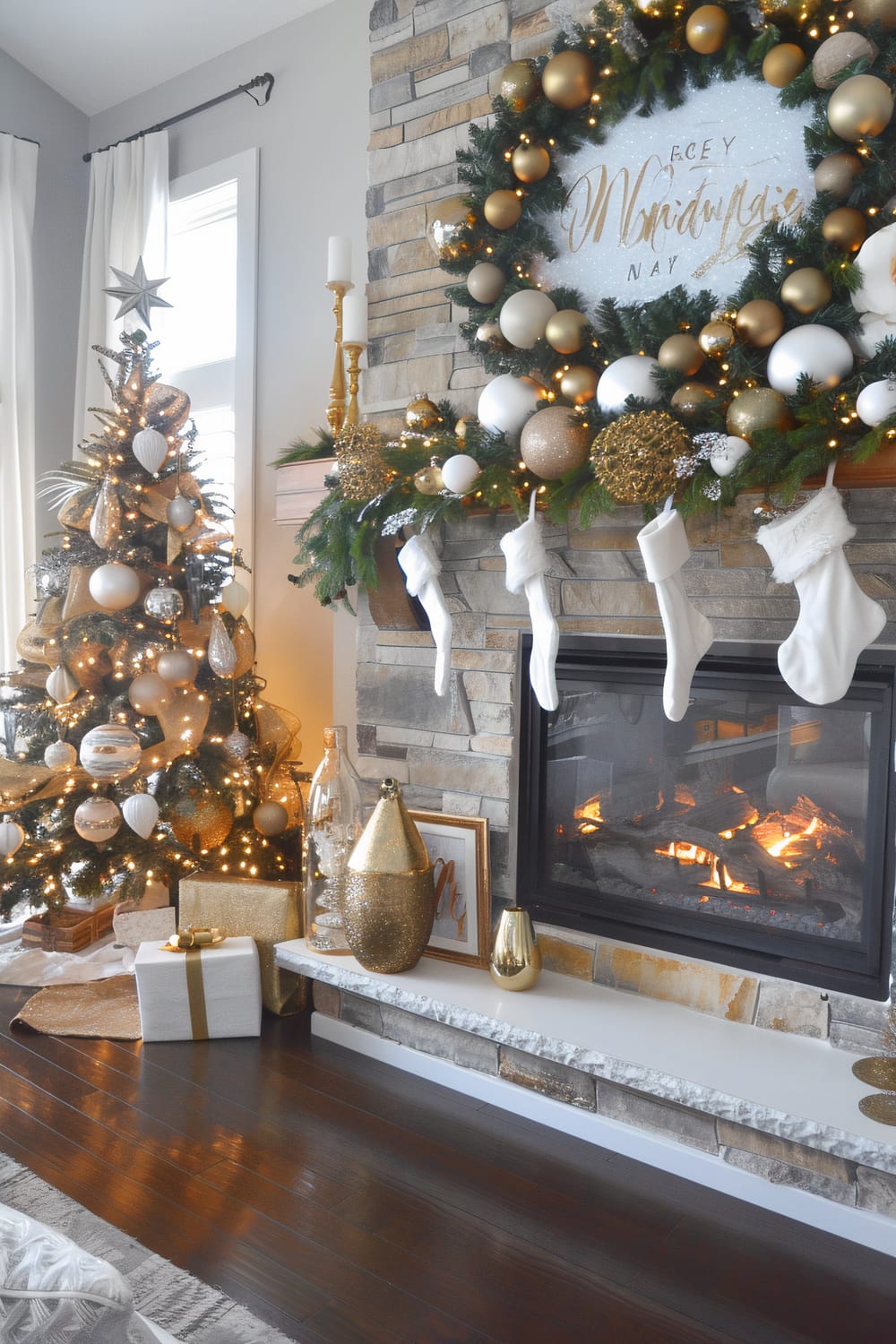 Festive living room decorated for Christmas with a Christmas tree adorned with gold, white, and beige ornaments and lights, and a fireplace surrounded by stonework. Above the fireplace, there is a large wreath with gold and beige decorations and a sign that reads "Merry Christmas." Four white stockings hang from the mantle, and various gold and white decorative items and wrapped gifts are positioned on the hearth.