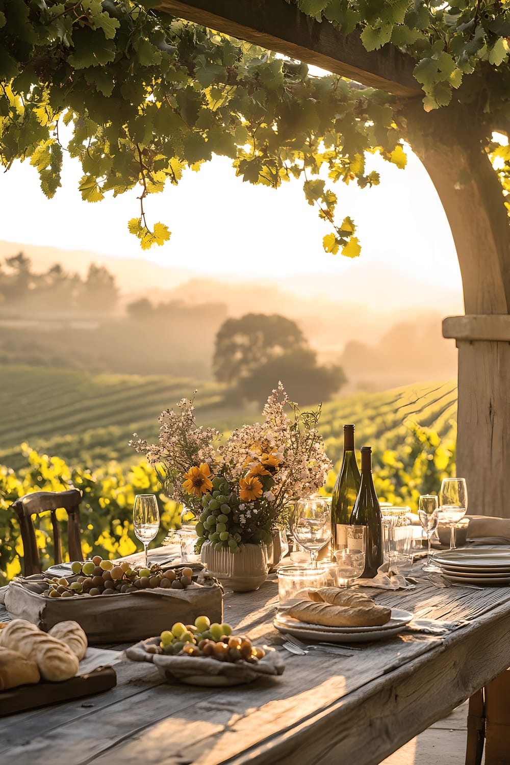 A rustic patio overlooking vineyards with a trellis overhead containing grapevines heavy with fruit. There's a long wooden table set with vintage wine glasses, fresh bread, and a vase filled with wildflowers. Everything is basking in the warm golden light of the setting sun.