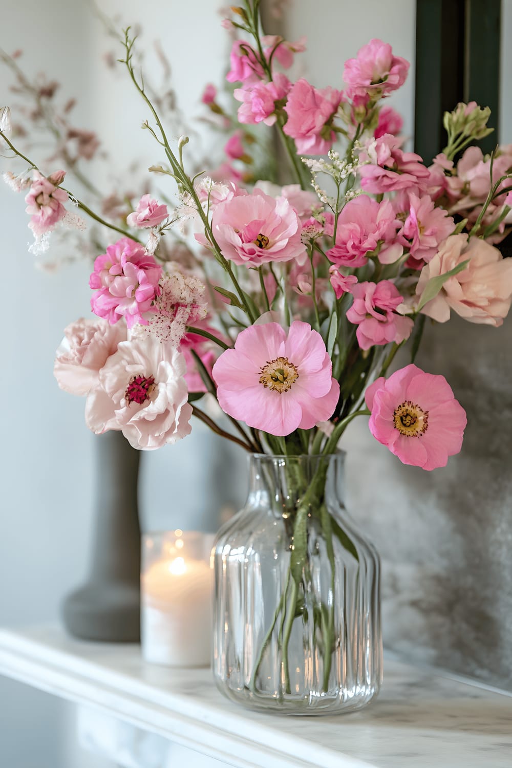 A monochromatic arrangement of varying shades of pink flowers arranged in a clear cylindrical glass vase on a light grey mantel, delicately illuminated by soft candlelight.