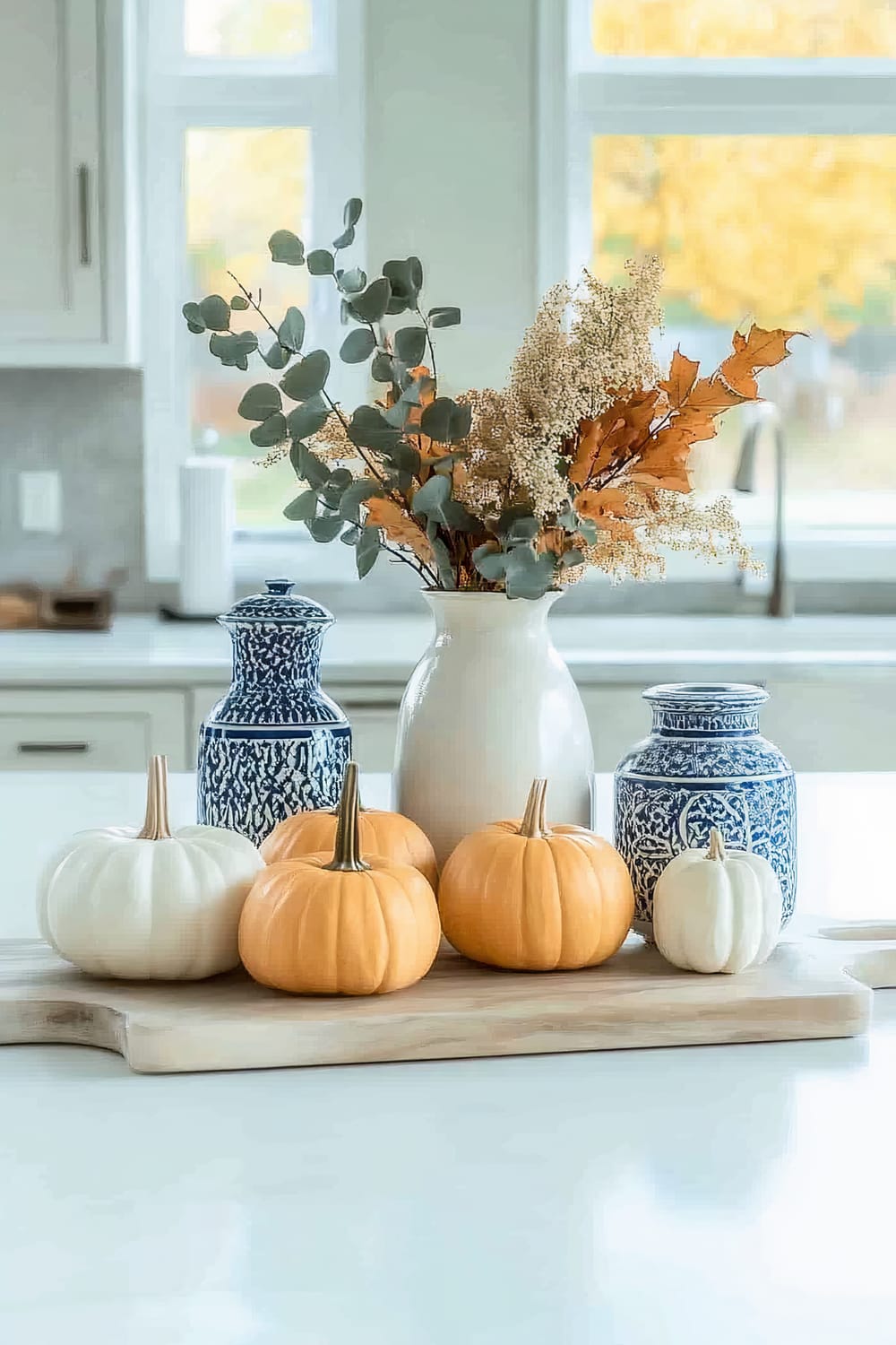 An elegant and minimalistic kitchen island tableau showcasing autumnal decor. The scene is composed of three small orange pumpkins and two small white pumpkins neatly arranged on a light wooden tray. Behind them, a white ceramic vase holds a sophisticated arrangement of eucalyptus branches, dried flowers, and fall leaves. Flanking the vase are two blue and white patterned jars that add a touch of classic elegance. The background features modern white cabinetry and large, light-filled windows framed by the vibrant colors of fall foliage visible outside.