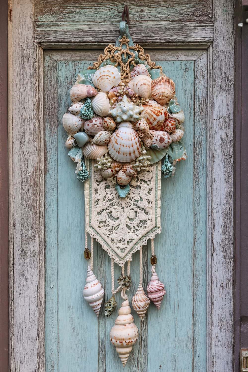 A decorative hanging ornament made of various seashells and intricate lace is displayed on a weathered wooden door painted light blue. The ornament is densely arranged with seashells of different shapes, sizes, and colors, and features an elegant lace panel towards the bottom, adding a touch of vintage charm. Larger shells hang from the bottom of the lace panel.