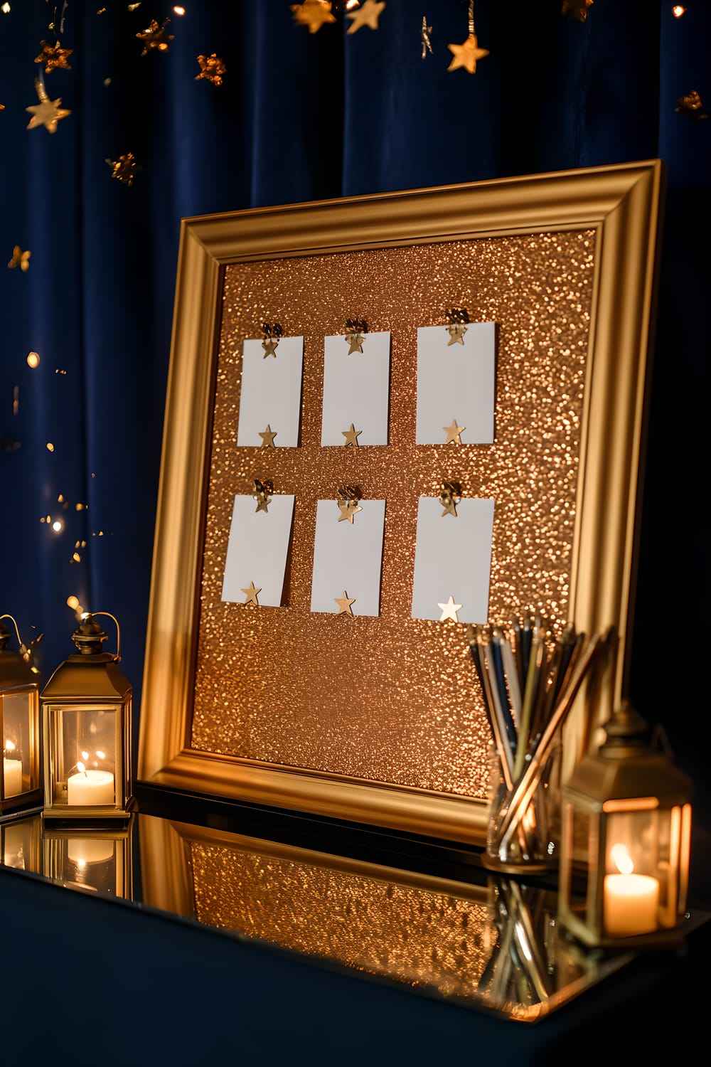 A richly decorated New Year's resolution board in a gold frame on a black mirrored table, wealthy with inspirational handwritten intimations pinned to cork, each marked with a metallic star sticker, and spilled by soft golden light. Gold star confetti add an extra layer of appeal, and gold-tipped pens lie nearby, waiting for more remarks to be added. Two small gold lanterns enhance the edge of the scene, and a deep blue fabric provides a dark and sumptuous backdrop.