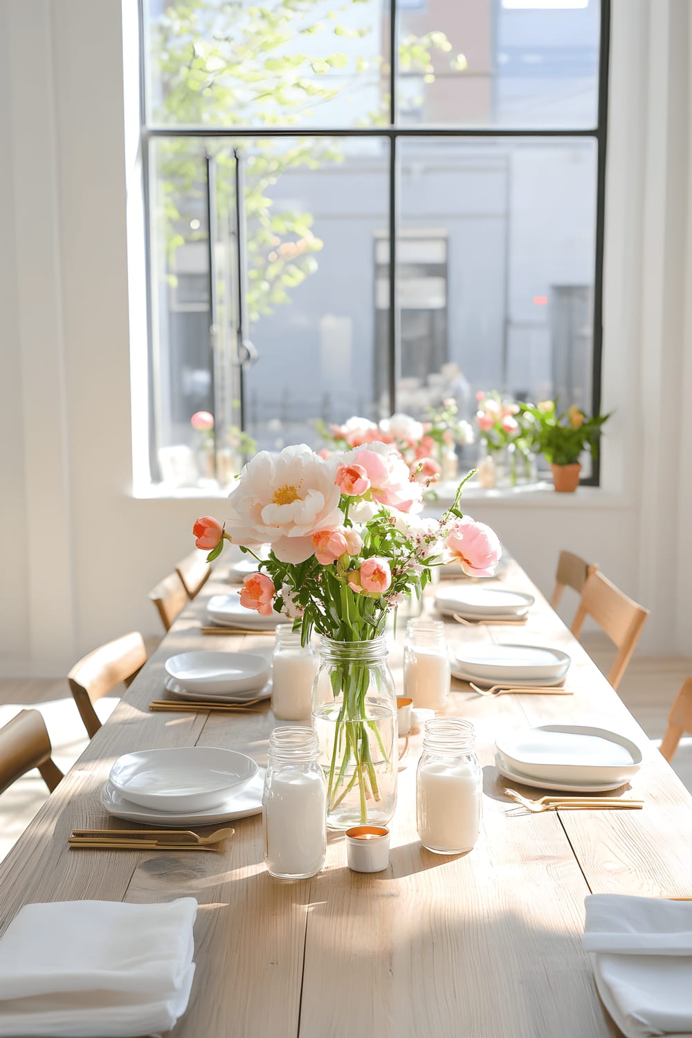 A Scandinavian minimalist dining room filled with bright natural light. In the center, a long wooden table dressed with white ceramic plates, gold flatware, neatly folded white linen napkins with gold rings, and a centerpiece of mason jars filled with vibrant pink and coral peonies and ranunculus. Pastel-colored candles are placed sparingly, offering a gentle warmth to the space.