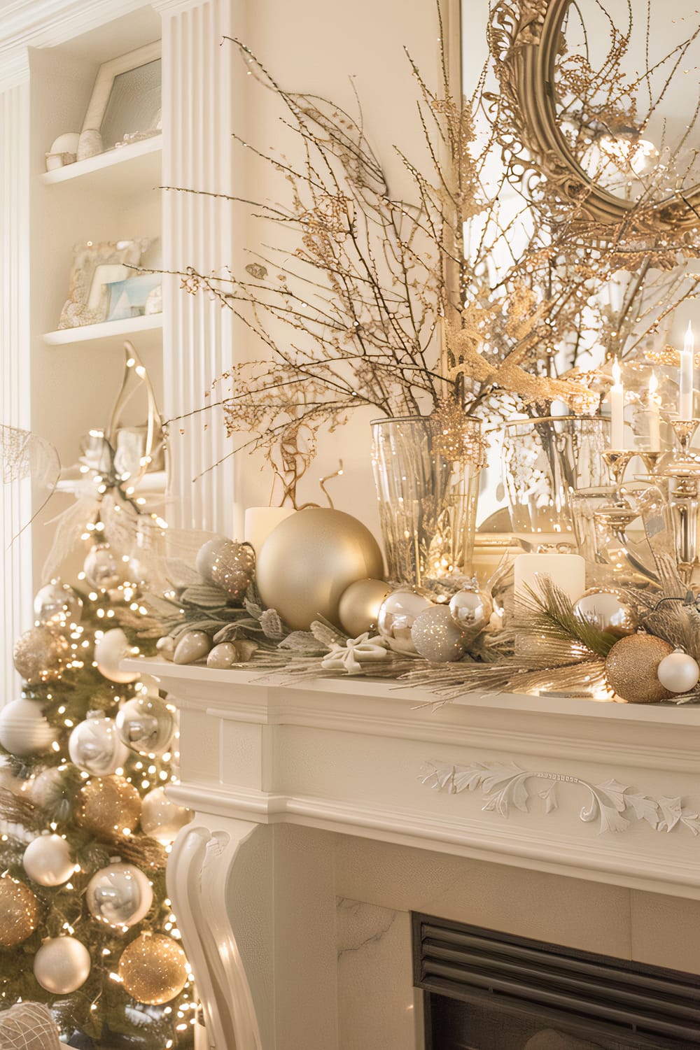 Elegant Christmas-themed fireplace mantel decorated with gold and silver ornaments, twinkling fairy lights, and lush greenery. A lit candelabra and a large ornate mirror with glittering, golden branches enhance the mantel's festive yet refined look. In the background, part of a Christmas tree adorned with matching ornaments and lights is visible.