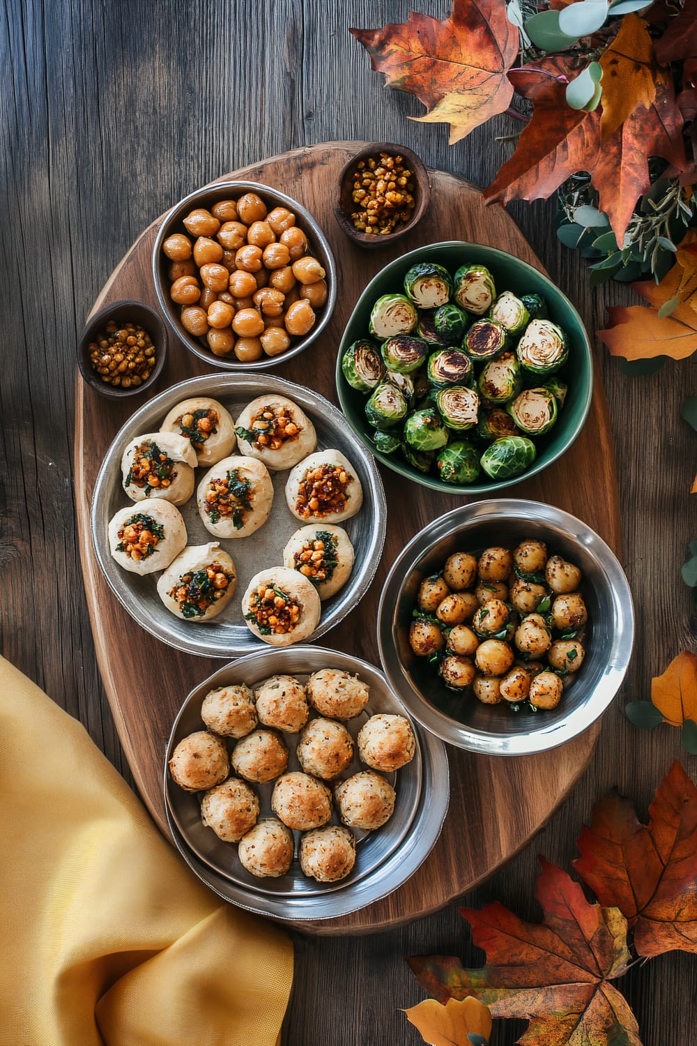 A wooden serving board on a rustic wooden table showcases an assortment of vegan appetizers. The board includes mini turkey sliders, stuffed mushrooms with spinach and feta, roasted beet hummus with pita wedges, and Brussels sprouts skewers. A decorative bowl holds roasted chickpeas, and a single deep yellow cloth napkin is folded elegantly on the board. Small bowls contain additional roasted chickpeas, and the entire scene is adorned with autumn leaves and illuminated with soft natural light.