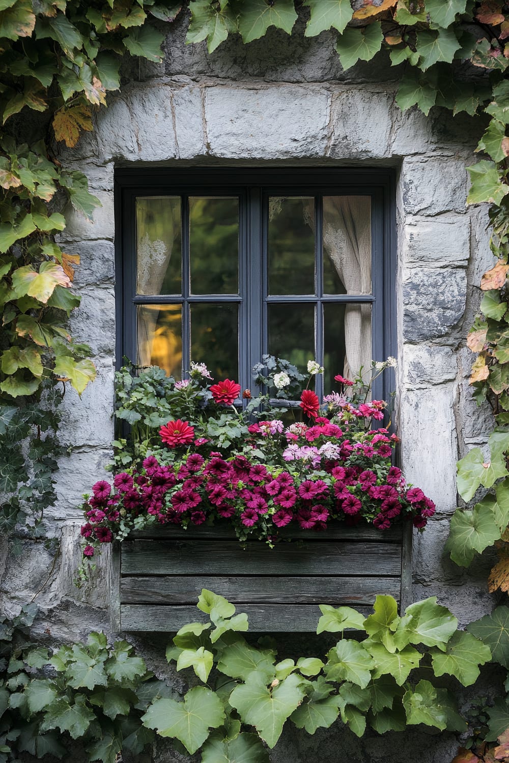 A stone-framed window with a wooden planter filled with vibrant magenta flowers and green foliage. The window is draped with sheer curtains, and the surrounding wall is covered in climbing ivy with green, heart-shaped leaves, adding a touch of natural charm to the scene.