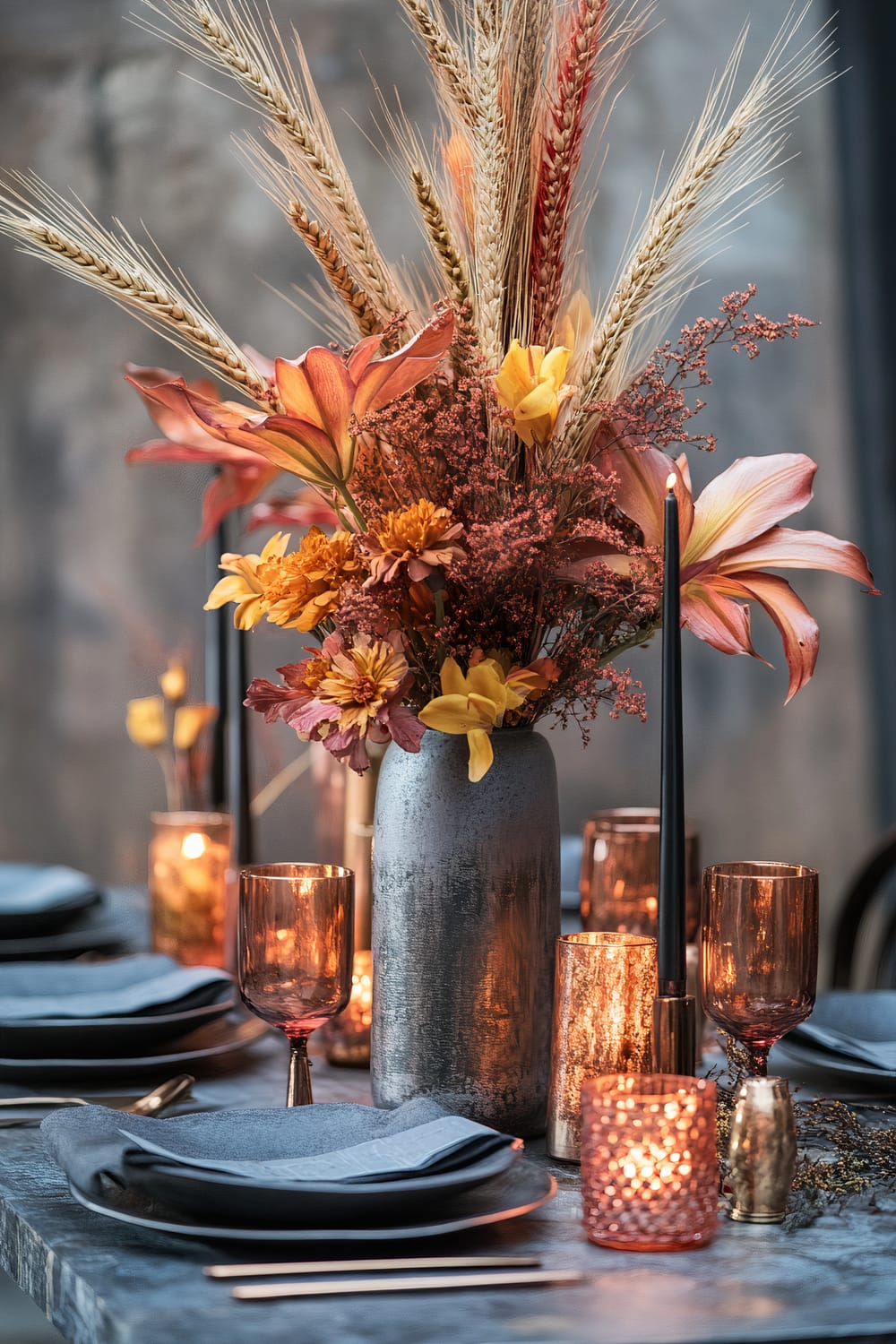 A rustic table setting with a centerpiece consisting of a tall, textured gray vase holding an arrangement of dried wheat stalks, orange lilies, and other autumnal flowers. The table is adorned with dark plates, gray napkins, copper-colored goblets, and candle holders emitting a warm, ambient light.