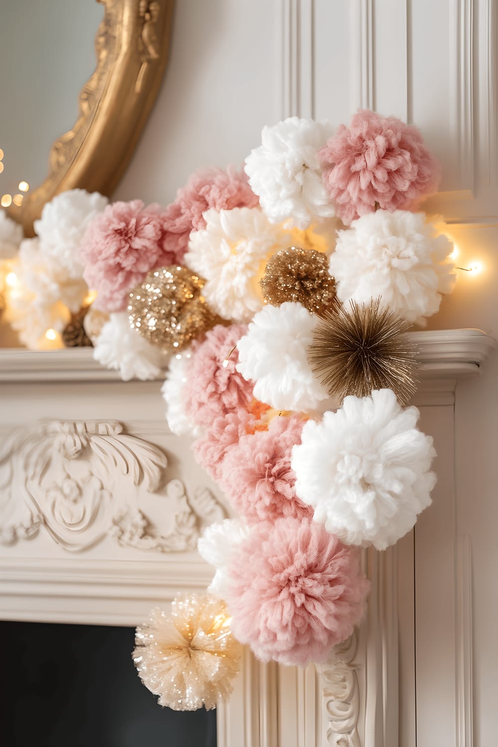 A light beige mantel is adorned with a whimsical garland composed of silk pom-poms in hues of pink, white, and gold, sprinkled with small metallic tassels. This eye-catching display is further enhanced by strands of faintly twinkling fairy lights woven in and around the garland, casting a gentle luminous glow on the arrangement.