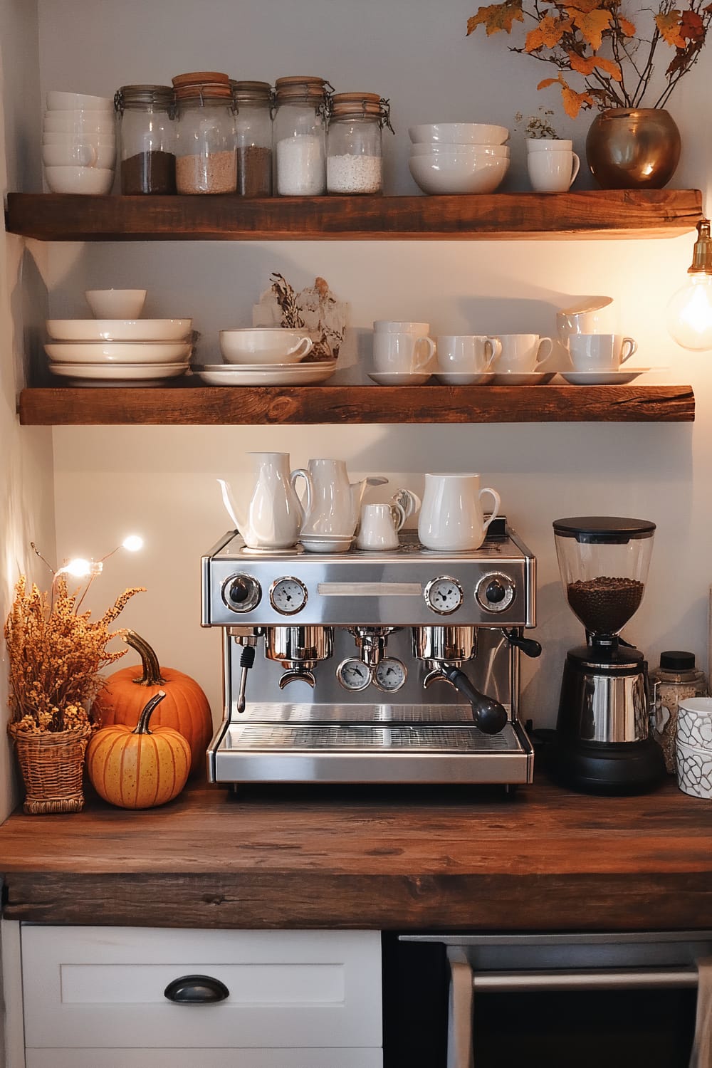 An inviting coffee corner with a stylish espresso machine setup. There are two rustic wooden floating shelves mounted on a light grey wall. The shelves hold various white ceramic dishware, including bowls, cups, and jugs, along with glass jars filled with ingredients. An autumnal touch is added with dried flowers and pumpkins placed on the wooden surface next to the espresso machine.