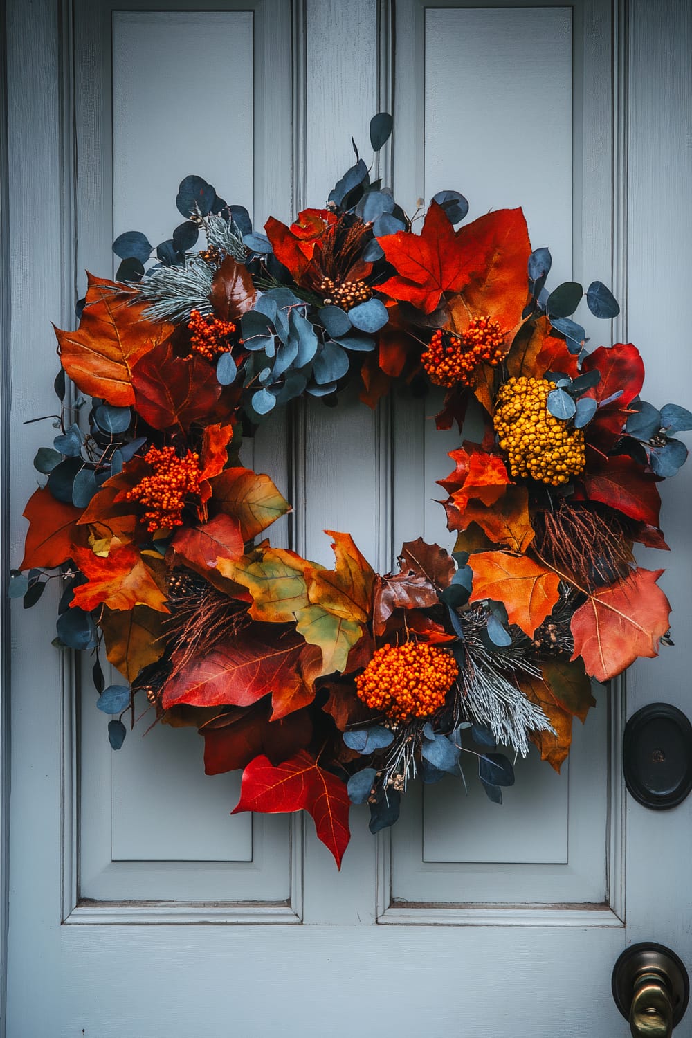 A decorative autumn wreath hanging on a gray door. The wreath features an array of vibrant fall leaves in shades of orange, red, and yellow, accented by clusters of berries and blue-green eucalyptus leaves. The arrangement is full and visually striking.