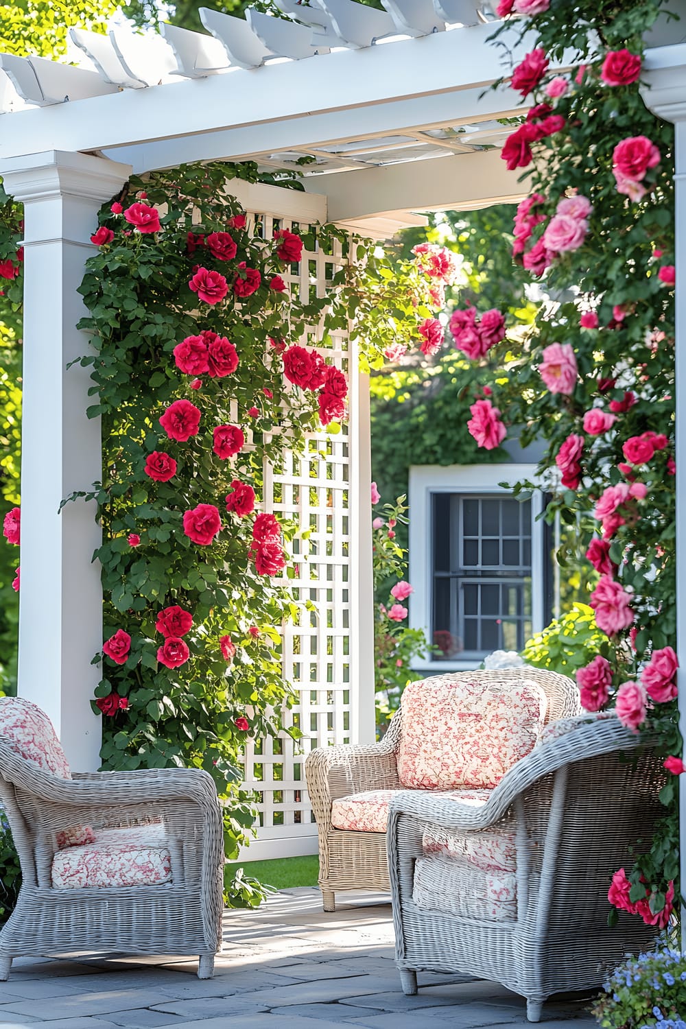 A beautifully framed patio entrance featured with a white trellis covered in blooming climber roses in shades of red and pink. Several comfortable wicker chairs with pastel-colored cushions are arranged near the trellis. Rays of natural sunlight filter through the trellis, augmenting the vibrant hues of the flowers and lending an elegant and inviting aura to the entrance.