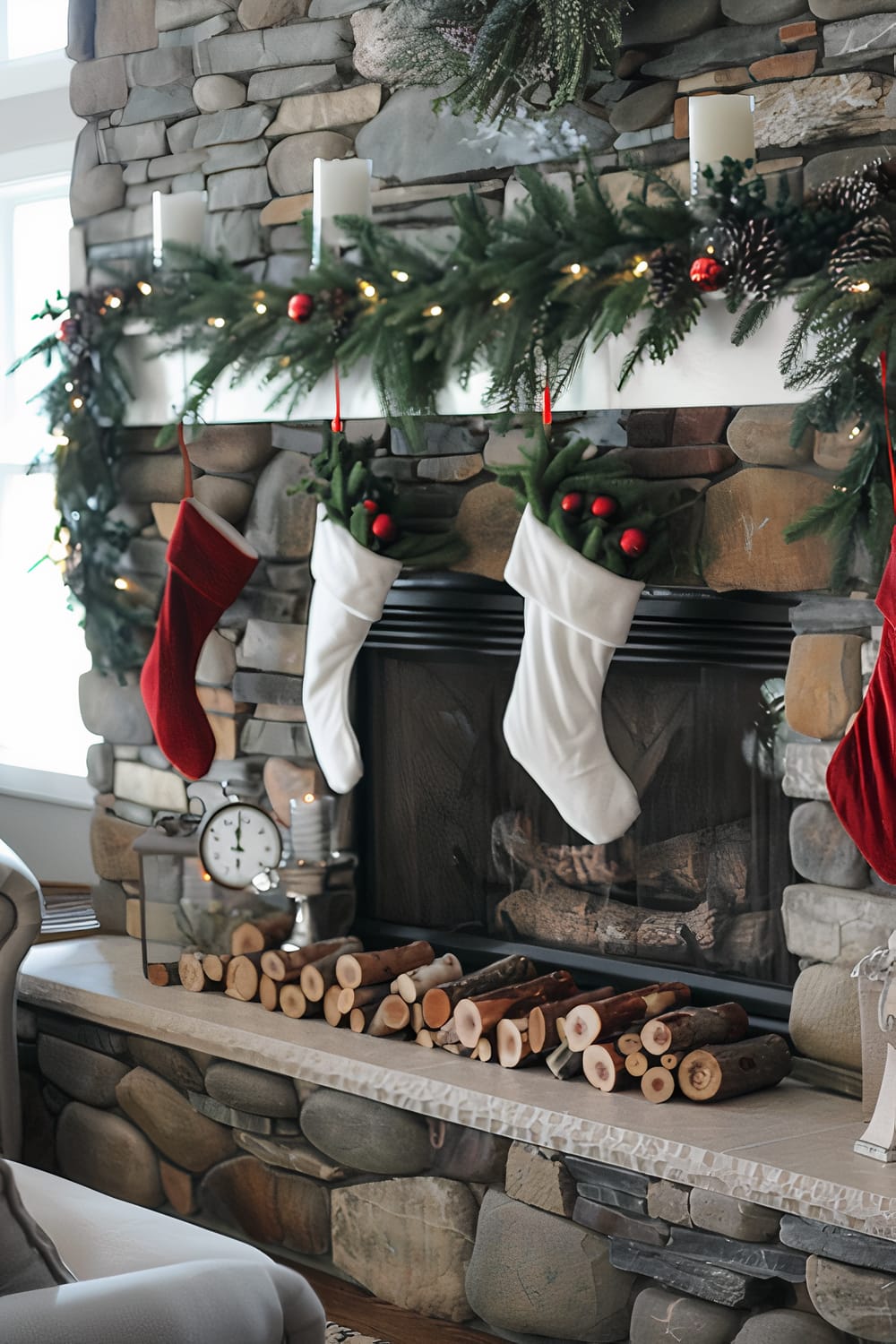 A rustic stone fireplace adorned for Christmas with green garlands, red and white stockings, candles, and small logs of firewood on the hearth. The mantel has realistic evergreen garlands with pinecones, red ornaments, and warm string lights. There are three white stockings and two red stockings hanging from the mantel. A clock, lantern, and small decorations are placed on the hearth.