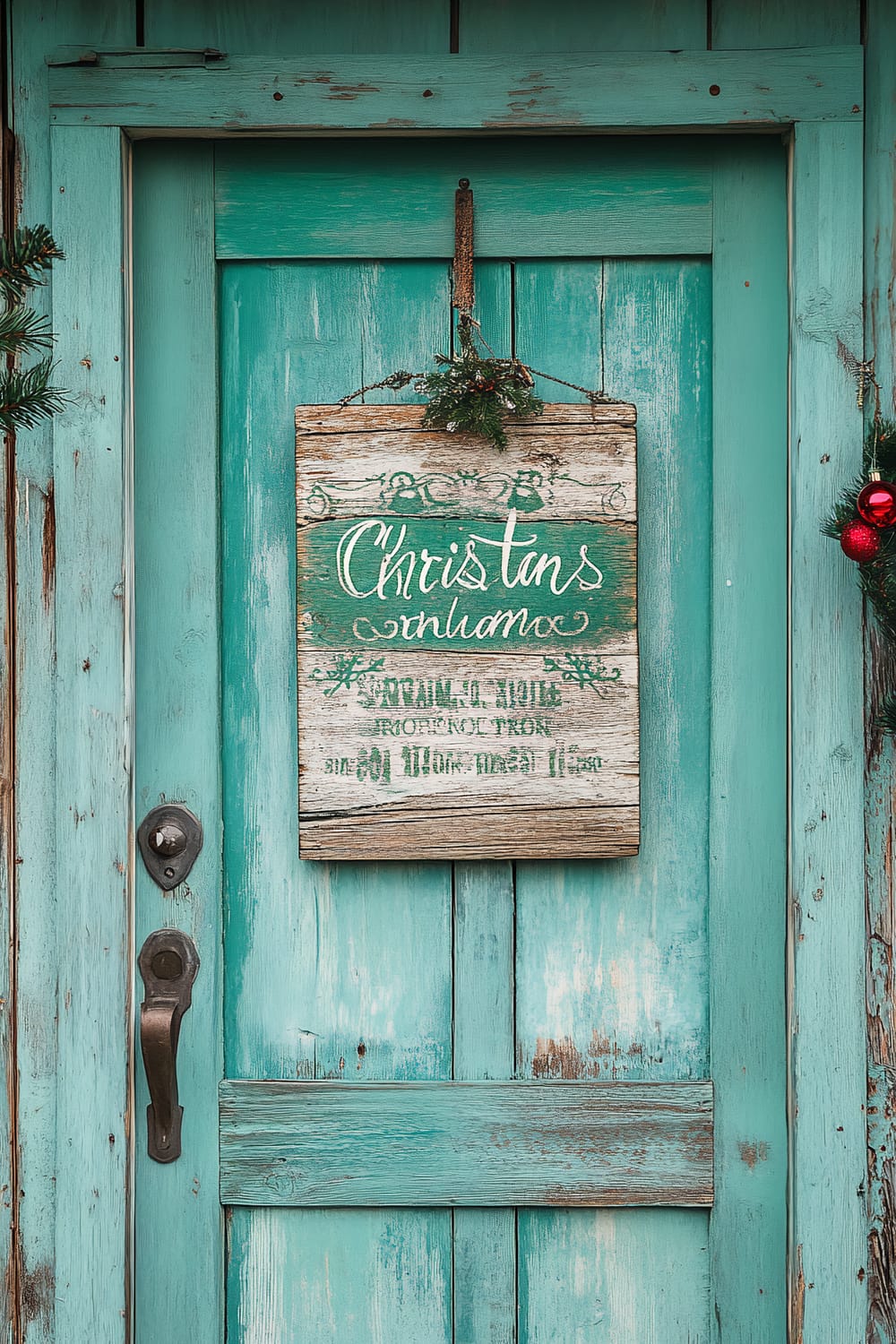 A rustic wooden sign with a humorous Christmas quote hangs on a weathered turquoise door. The sign is decorated with small sprigs of green leaves and reads, "Christmas on the farm." The door features peeling paint and an aged appearance, contributing to the overall vintage charm of the scene. Red baubles and a touch of greenery adorn the door's side, enhancing the festive atmosphere.