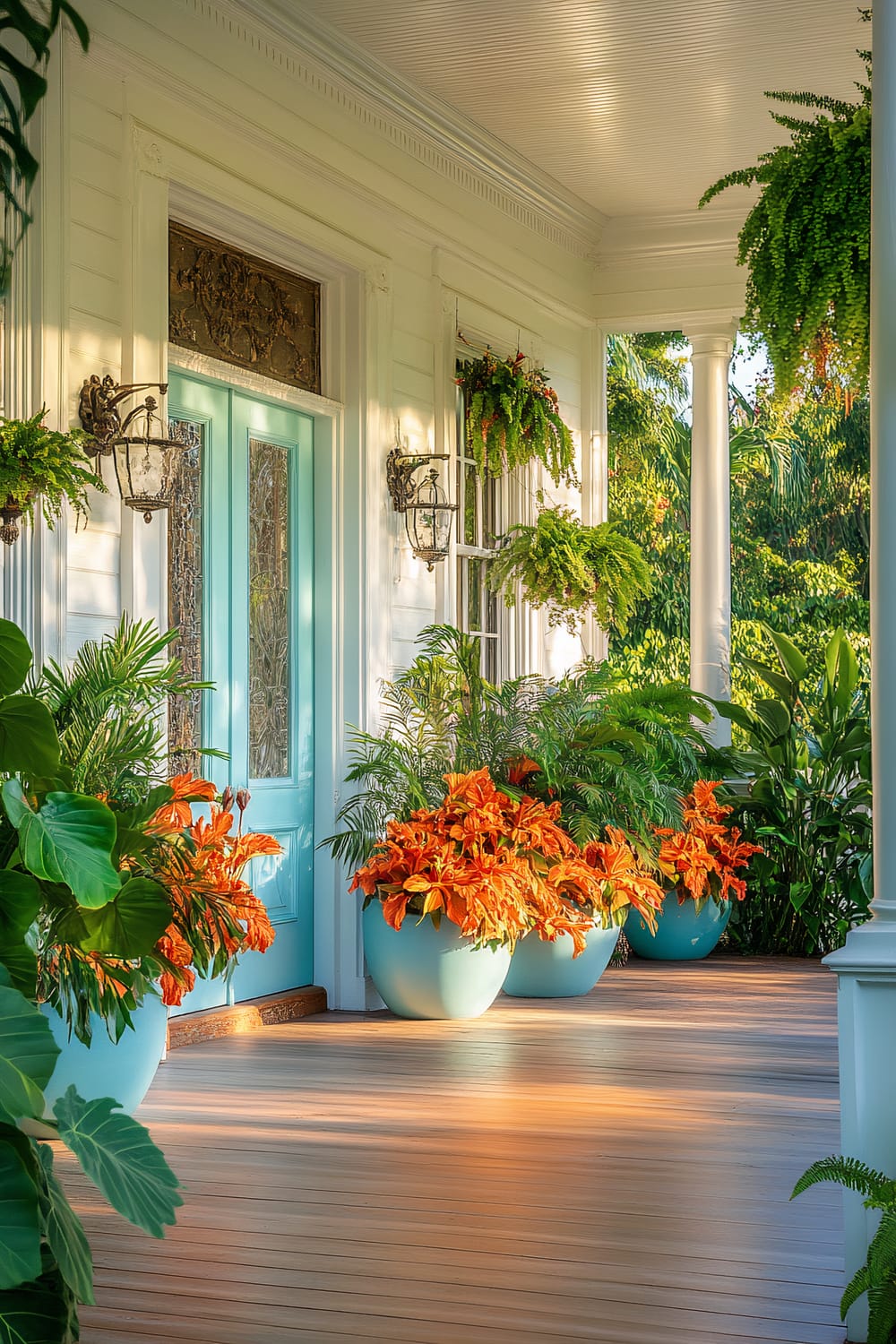 A vibrant porch adorned with a turquoise door, surrounded by lush greenery and bright orange potted flowers. The porch features a white ceiling and wooden flooring, along with hanging plants and ornate wall-mounted light fixtures.