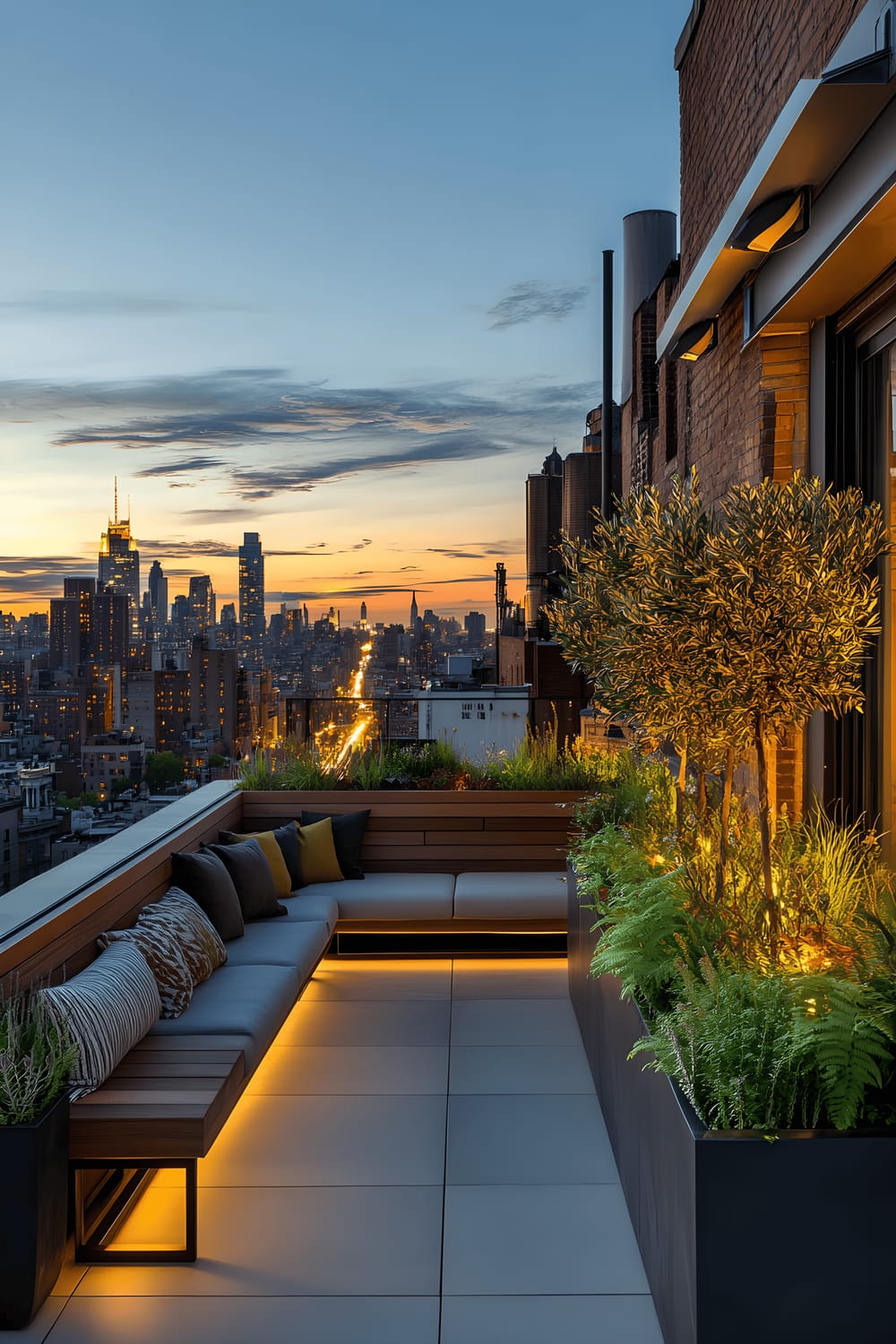 A stylish rooftop garden featuring a built-in wooden bench adorned with plush outdoor cushions. The garden area is surrounded by sleek black metal planters filled with lush, green ferns and tall, potted olive trees. In the background, the vibrant city skyline glows beneath the twilight sky, providing a captivating view.