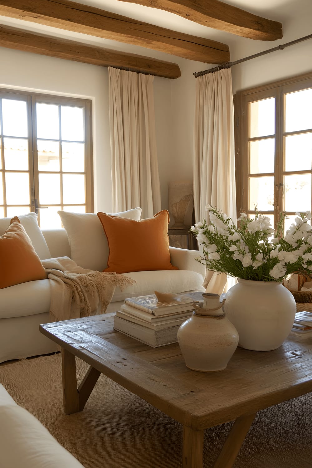 A farmhouse-style living room featuring rustic wooden beams and beige upholstered furniture. In the center of the room stands a rust orange armchair with a vintage design. A reclaimed wooden coffee table, creamy linen slipcovers, and ceramic vases with white flowers enhance the rustic aesthetic. Large windows fitted with sheer beige curtains illuminate the room with a soft, natural glow, while rust orange throw pillows provide a subtle pop of color.