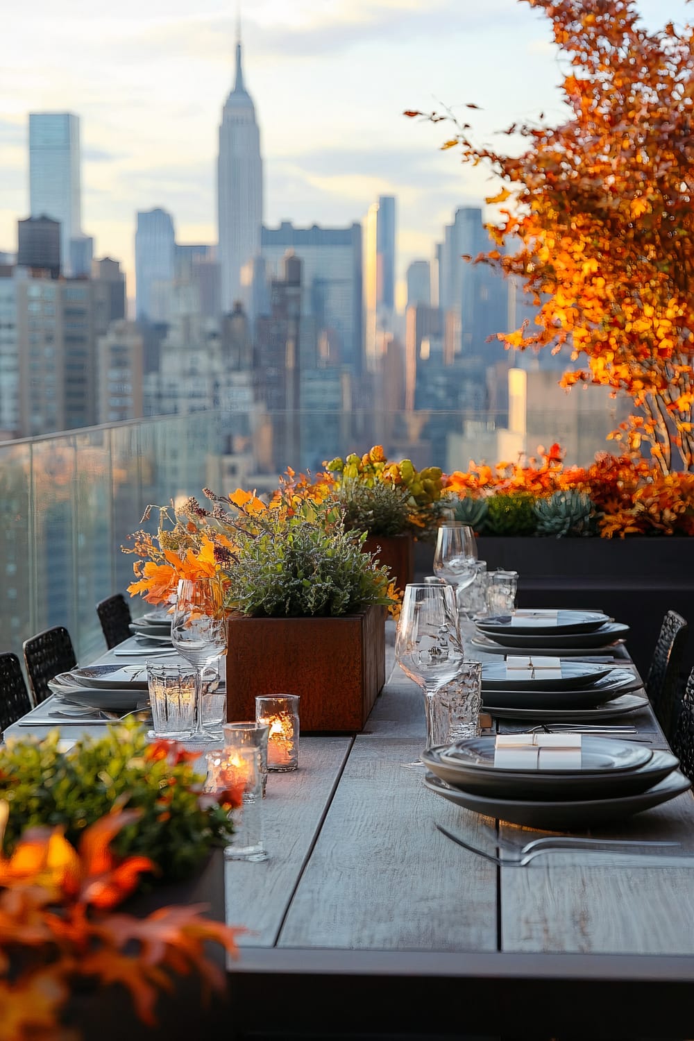 An elegantly set outdoor dining table on a rooftop terrace with the New York City skyline and a prominent skyscraper in the background. The table is adorned with autumnal decorations, including vibrant orange and yellow foliage and warm candlelight in glass holders. Glassware and black plates are neatly arranged, and the autumn ambiance is enhanced by potted plants placed along the center of the table.