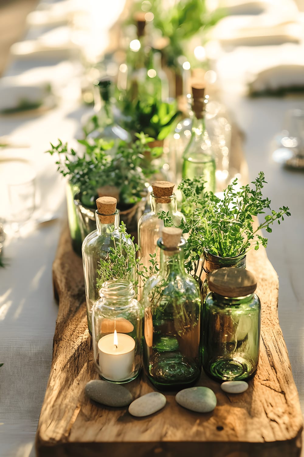 A variety of repurposed glass bottles of different shapes and sizes, acting as planters for a selection of herbs like thyme, basil, and cilantro. The bottles are arranged on a reclaimed wood slab amidst small pebbles and eco-friendly, repurposed candle holders. The entire arrangement is placed on a light linen tablecloth with natural sunlight streaming in, illuminating and highlighting the artistic and sustainable arrangement.