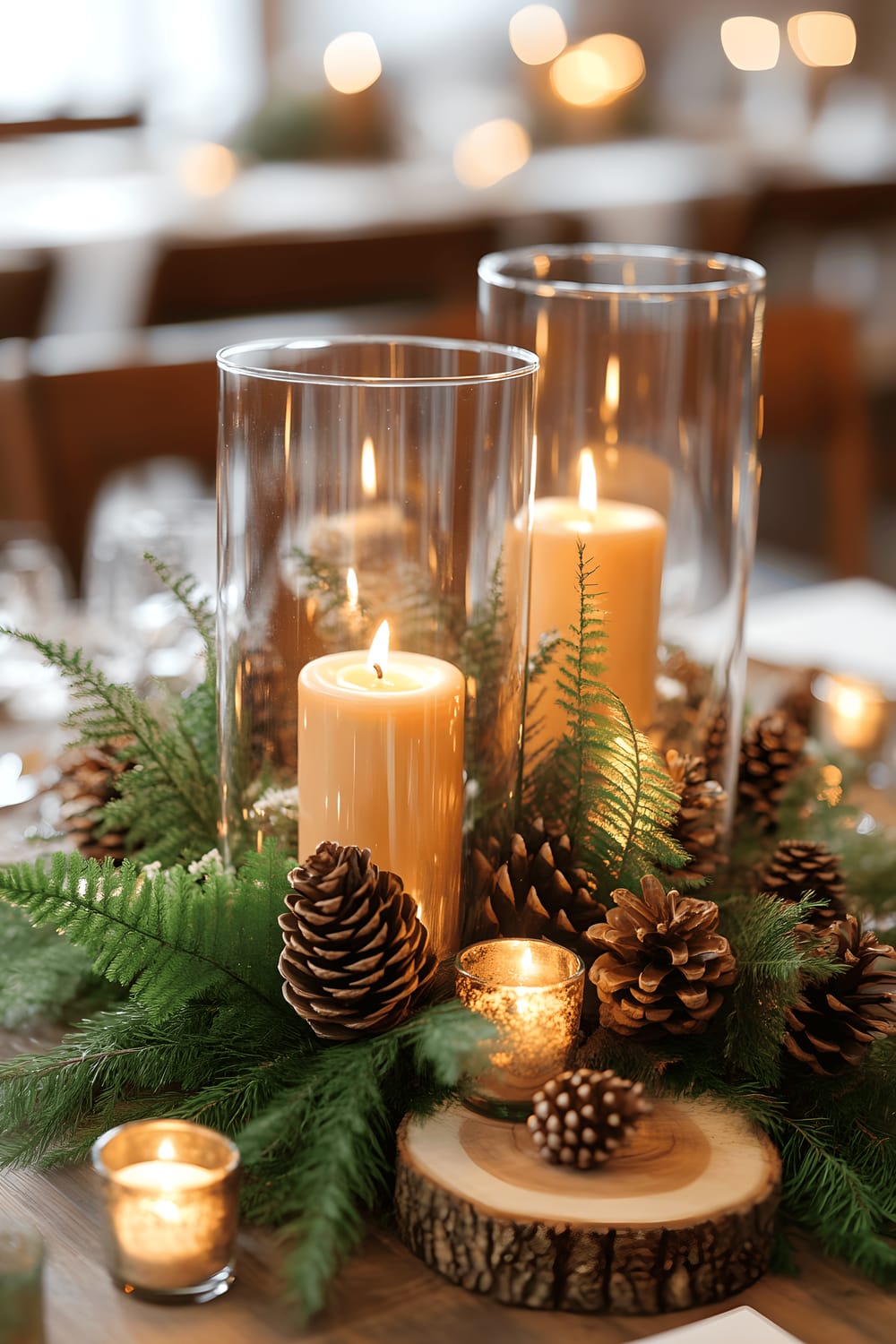 A distressed wooden table displaying a centerpiece that combines pine cones and fresh greenery arranged in a clear glass cylinder vase. Surrounding the vase are small wooden slices and amber-toned candles in glass holders. The arrangement rests on a neutral-toned linen runner under soft, ambient light.