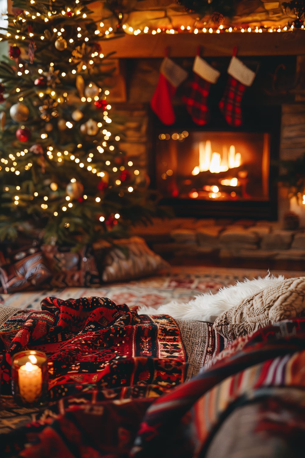 An inviting living room decorated for Christmas features a glowing fireplace with three stockings hanging above it. A beautifully adorned Christmas tree with golden and red ornaments stands beside the fireplace, draped with sparkling lights. In the foreground, cozy plaids, pillows, and a candle on a table radiate warmth and a festive atmosphere.