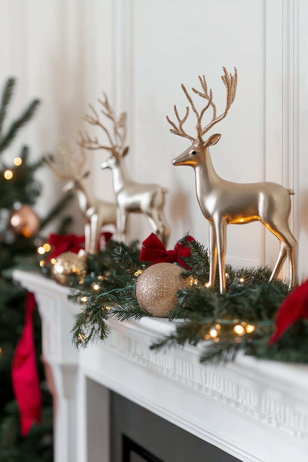 A Christmas mantel adorned with sleek metallic reindeer statues, evergreen garlands, gold ornaments, red ribbons, and white twinkling lights against a white wall with gold accents.