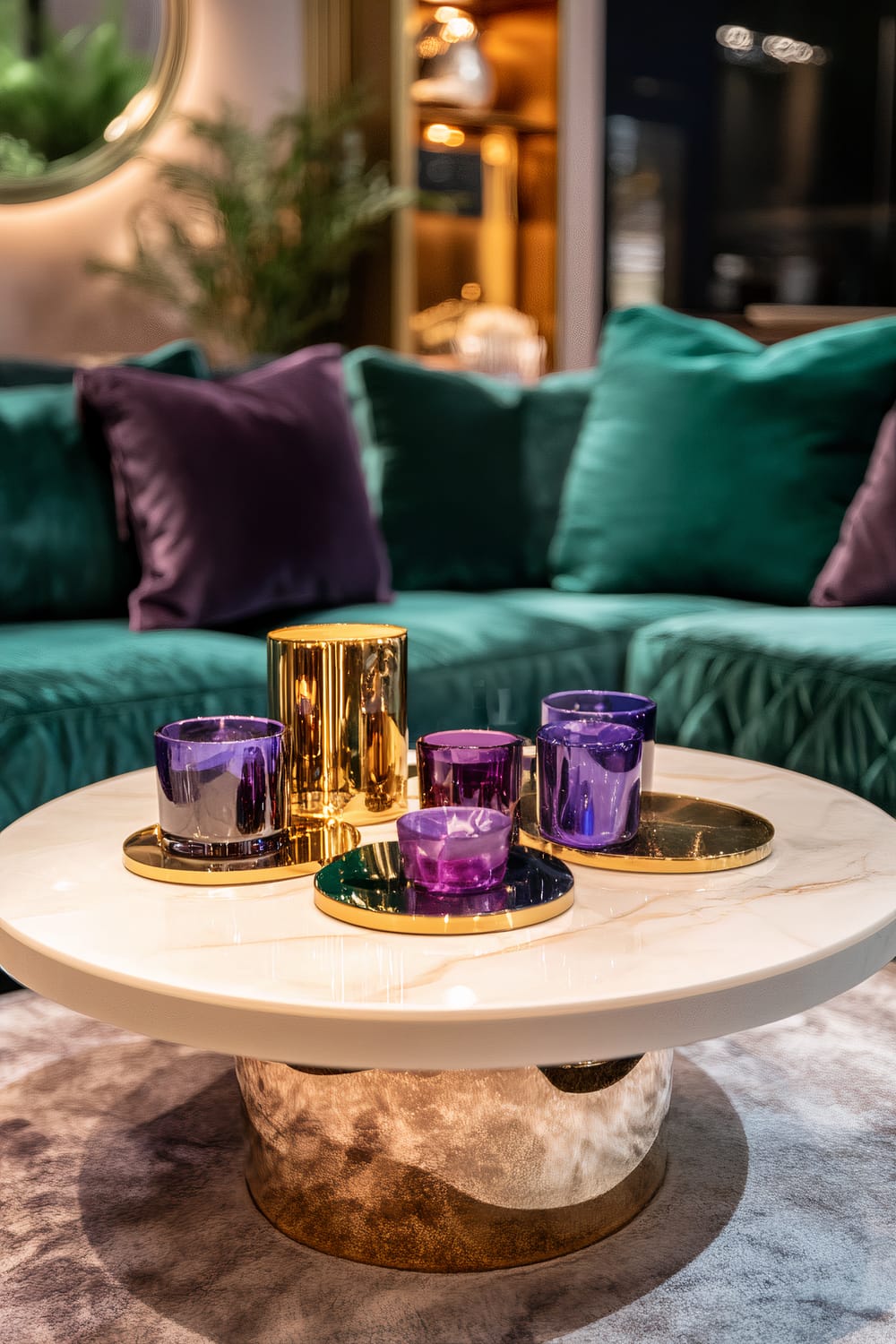 A luxurious living room featuring a white marble coffee table with gold accents and purple candles. The table has a gold-framed mirror and plush velvet coasters. An emerald green velvet sofa with purple and green cushions surrounds the table. A neutral-toned rug and soft ambient lighting enhance the opulent setting.