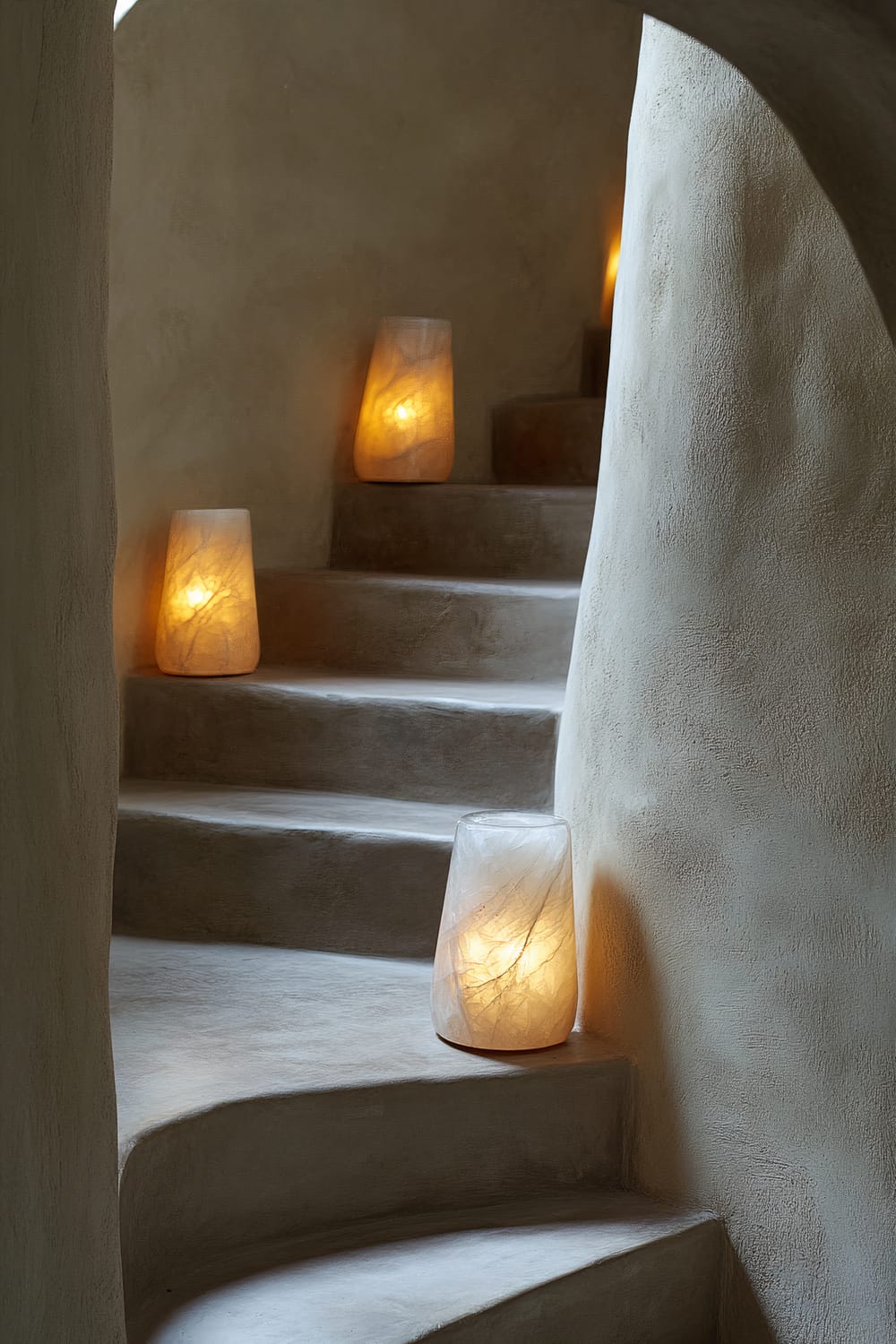 An interior view of a spiraling staircase with smooth, textured beige walls. Each step is adorned with softly glowing, translucent lamps, creating a warm, inviting ambiance.