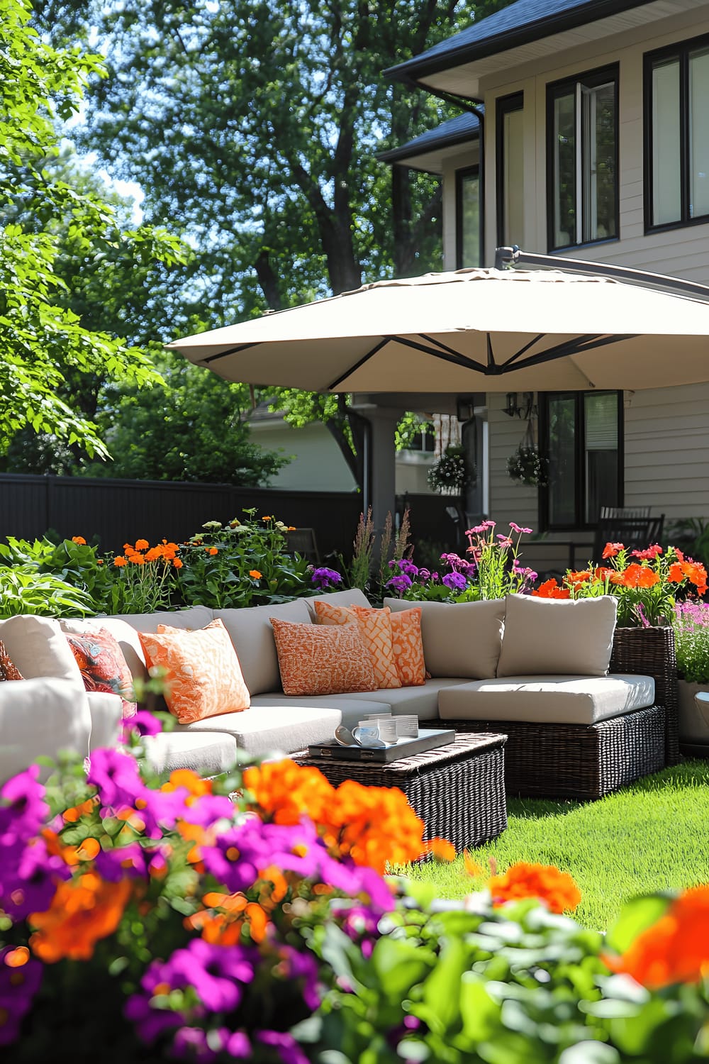 A lush backyard with a comfortable seating area comprising a large L-shaped couch sheltered by an umbrella. The seating arrangement is surrounded by vibrant flowers housed in decorative pots, nestled amongst verdant grass. A modern house with a patio can be seen in the background.