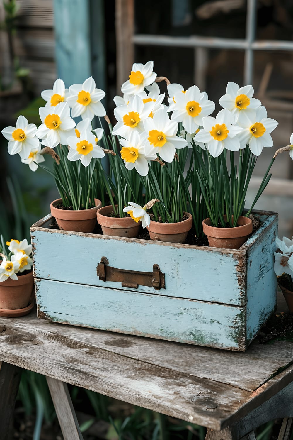 A do-it-yourself upcycled garden planter, which is a pastel blue painted wooden toolbox, is filled with blooming yellow daffodils. The planter also has multiple small terracotta pots. The entire arrangement is placed on a rustic wooden outdoor table.