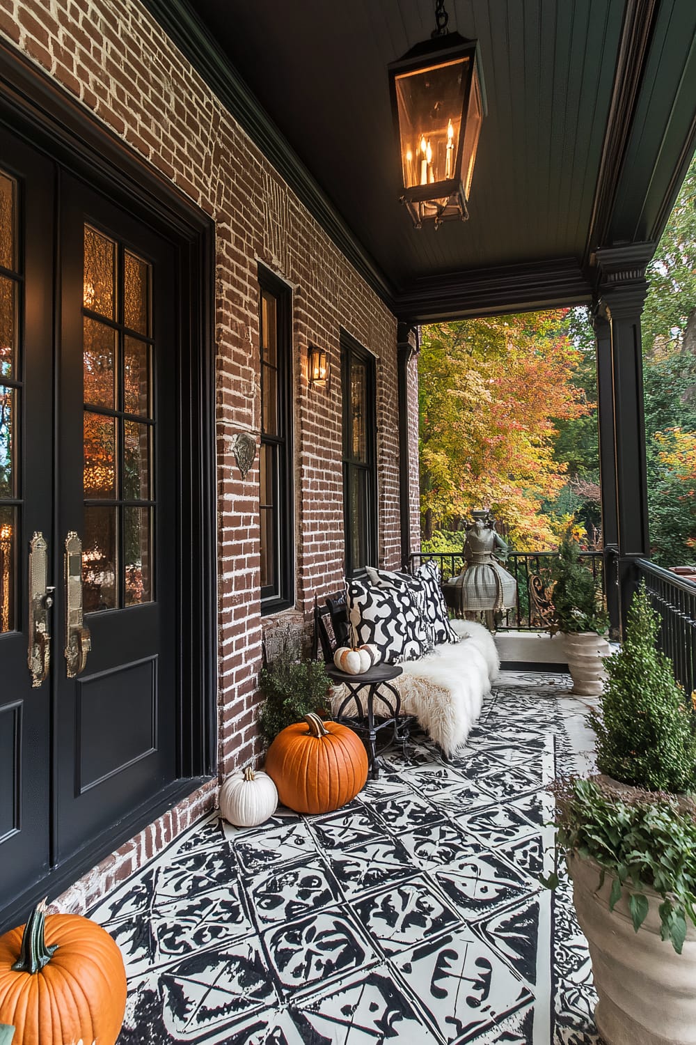 An elegant covered porch with a black ceiling and wooden beams, featuring rustic brick walls and black French doors with glass panels. The porch is decorated with a black and white patterned tiled floor, a wrought-iron bench topped with plush, patterned cushions and a fluffy white throw blanket. Three pumpkins, one white and two orange, are placed on the floor. Large planters with greenery stand on either side of the porch. A vintage-style lantern hangs from the ceiling, casting a warm glow.