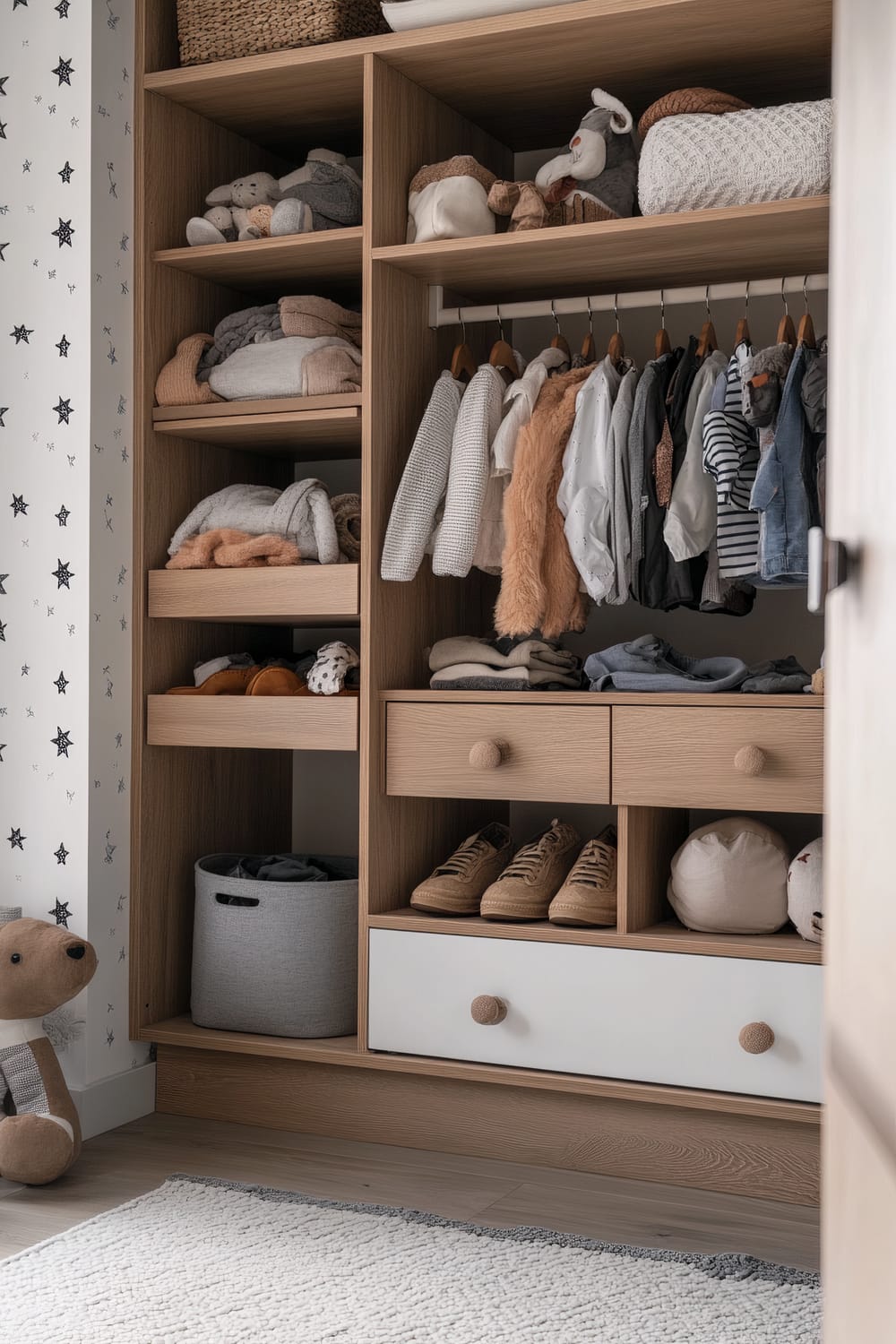 A well-organized, gender-neutral child's closet with soft wood tones and white cabinetry. The closet features open shelves with neutral-toned fabric bins for toys and accessories, and a combination of low and mid-height hanging rods for clothes. A soft gray and white area rug covers the floor, and minimalist wall hooks and a small step stool are visible. The back wall is lined with subtle star-patterned wallpaper, and the space is brightly lit with recessed lighting.