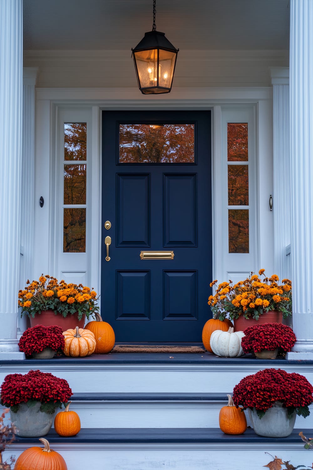 An entrance with a dark blue door framed by white pillars and side windows. The steps leading up to the door are decorated with autumn-themed plants and pumpkins, including orange chrysanthemums and red and white pumpkins. A black lantern hangs above the door, illuminating the scene.