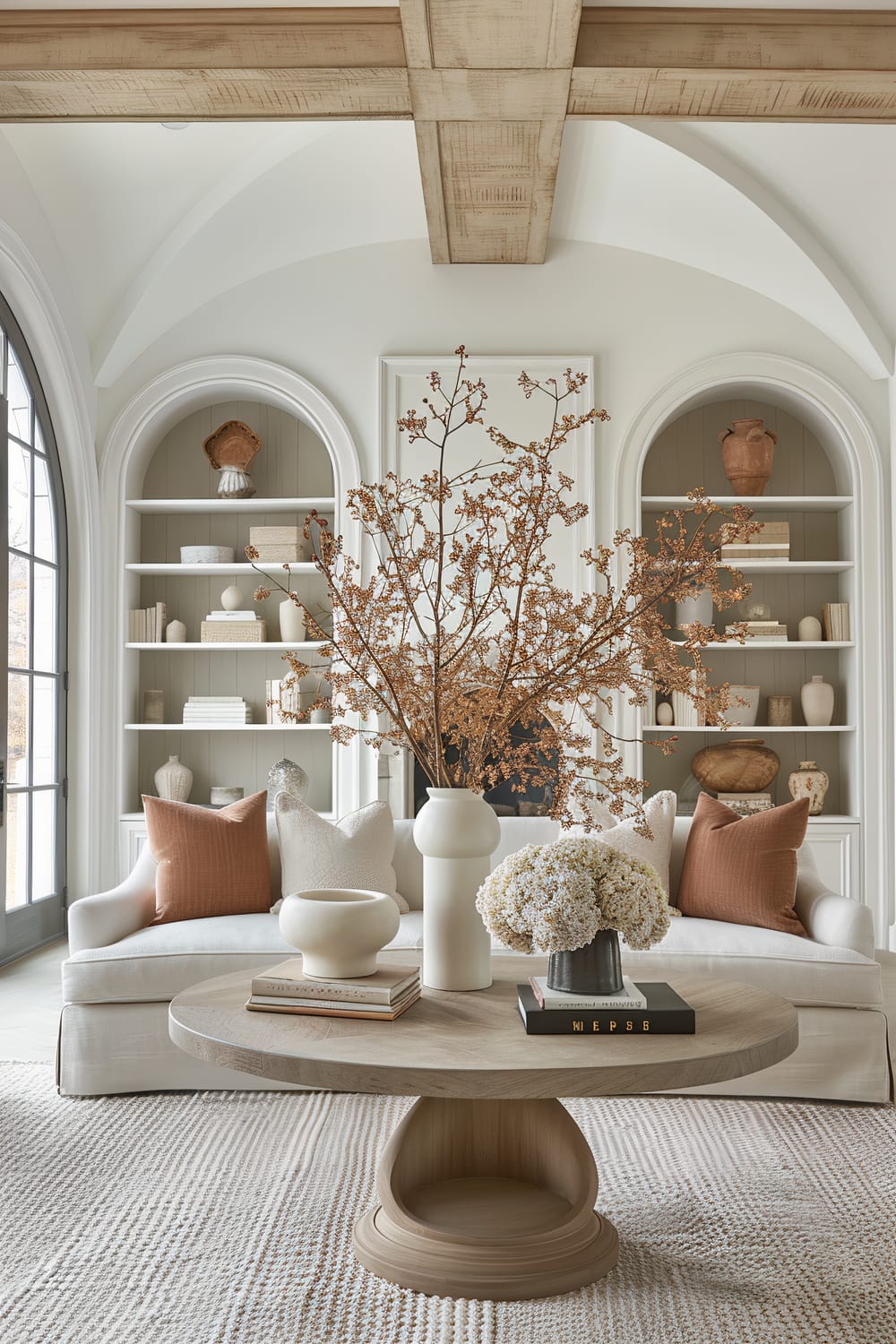 The living room features a neutral color palette with a white sofa adorned with brown and beige pillows. Two large built-in bookcases with arched tops flank the sofa, filled with decorative vases and books. A round wooden coffee table sits in the center, topped with white vases holding dried branches and flowers. The room has large, arched windows on the left side and white walls and ceiling beams that add a rustic touch.