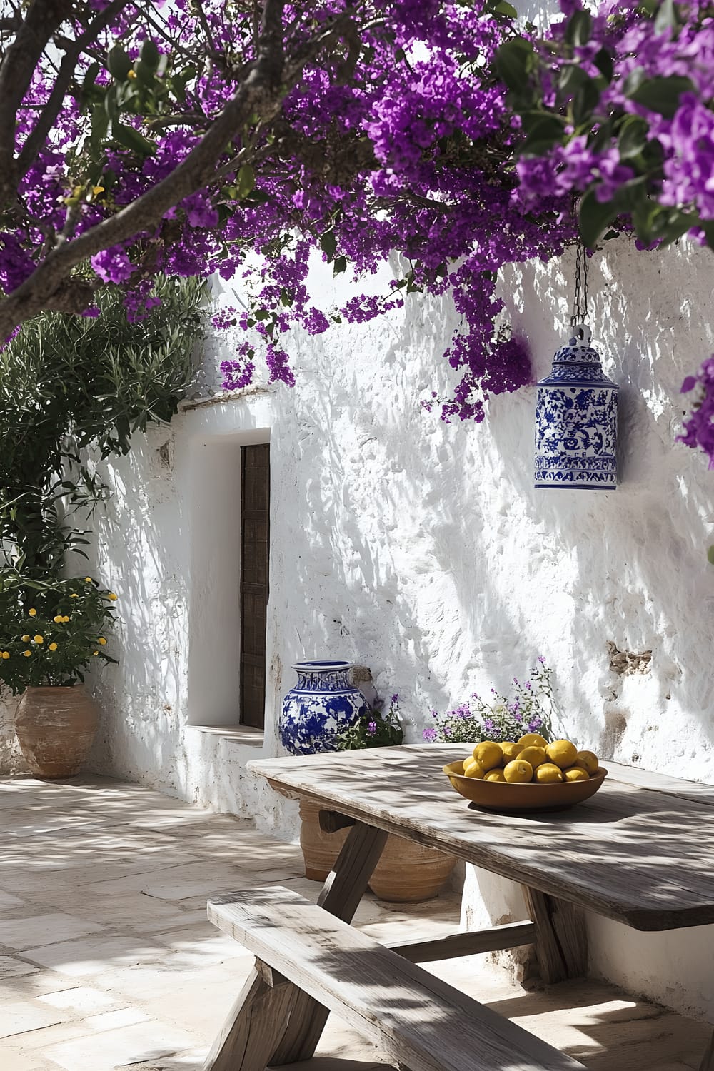 A stone-tiled patio featuring a whitewashed stucco wall embellished with cascading purple bougainvillea. The rustic wooden table in the center is adorned with a simple arrangement of lemons in a terracotta bowl. Blue-and-white ceramic lanterns are casting intricate shadow patterns, augmented by the late afternoon sunlight filtering through olive branches.