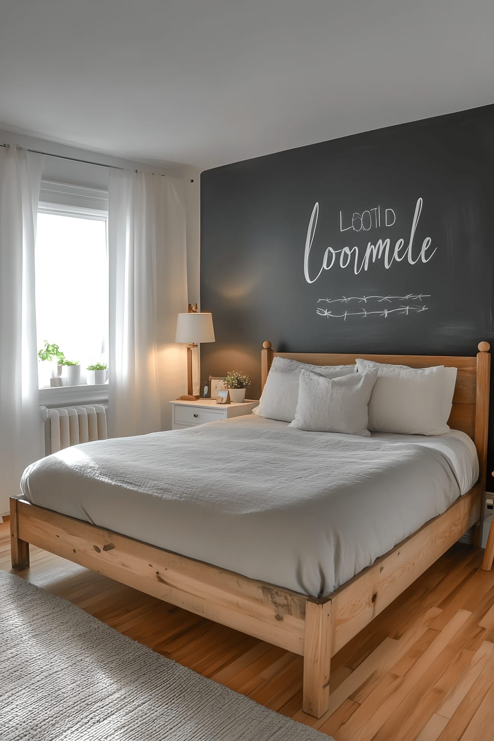 A peaceful Scandinavian guest room featuring a light wooden bed with gray bedding, minimalist nightstands on either side, and a small chalkboard hanging on the wall with a warm welcome message. The room is bathed in soft natural light coming from a window, highlighting the clean lines and simple elegance of the decor.