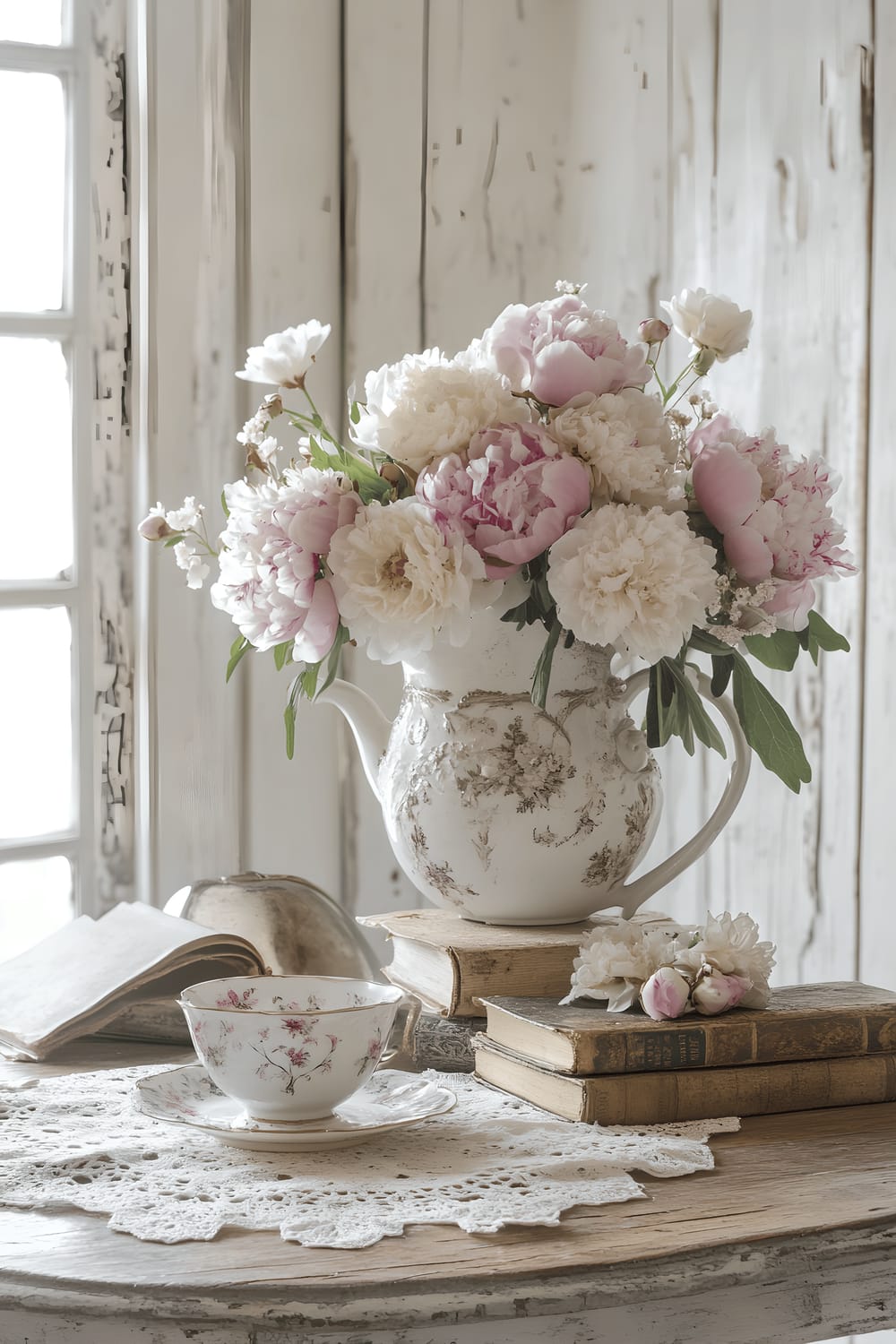 A photograph of a vintage-style kitchen setting featuring a wooden table with a centerpiece of an antique silver tea set, delicate porcelain vase filled with pastel-colored peonies and sweet peas, lace doilies, and small vintage books. The atmosphere is soft and romantic due to diffused lighting.