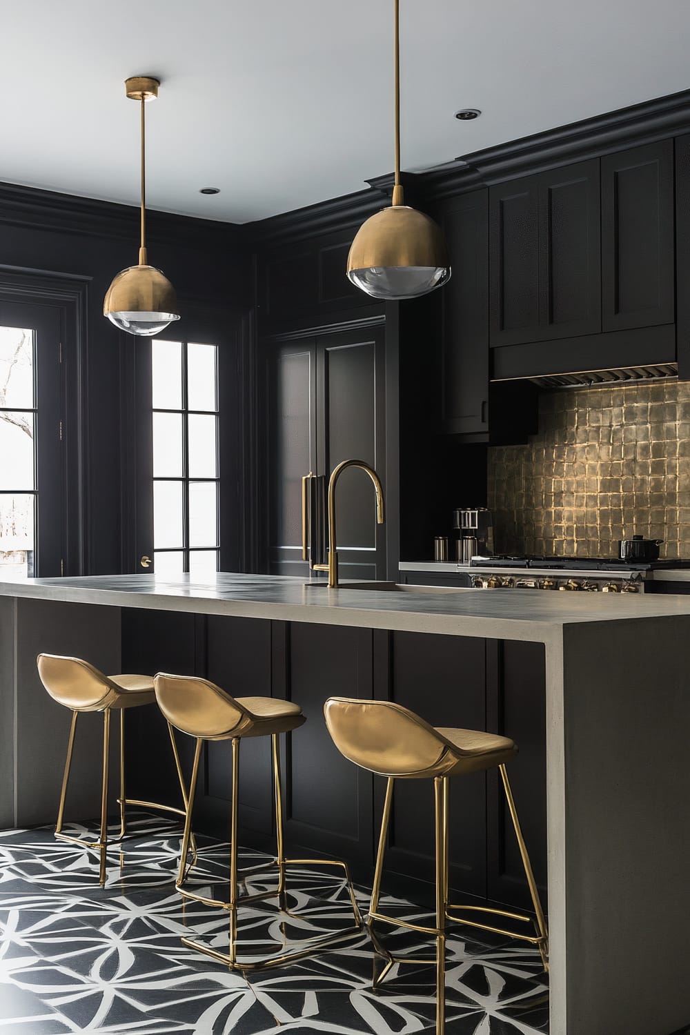 A sophisticated kitchen interior showcasing sleek black cabinetry with integrated appliances. A central island with a grey countertop features a gold faucet and three modern, gold-tone bar stools. Two pendant lights with gold and glass shades hang above the island. The kitchen backsplash is made of textured, metallic gold tiles, and the floor is covered with a bold, black and white geometric patterned rug.