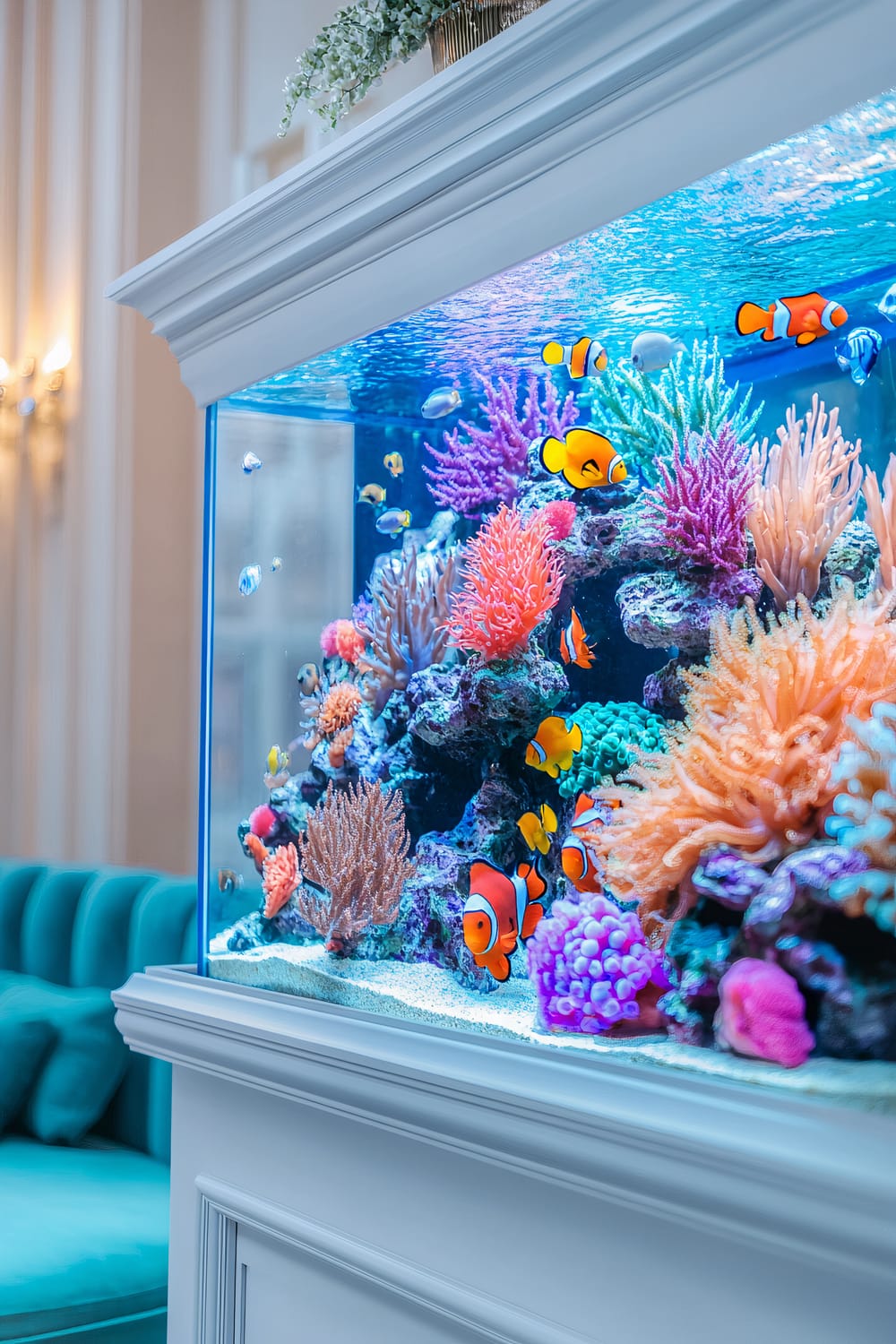 A fish tank designed to resemble a vibrant coral reef, filled with colorful fish and live corals, placed on a bright white mantelpiece. In the background, there is a turquoise sofa and simple decor with coastal accents. The fish tank is brightly illuminated, creating a lively underwater scene.