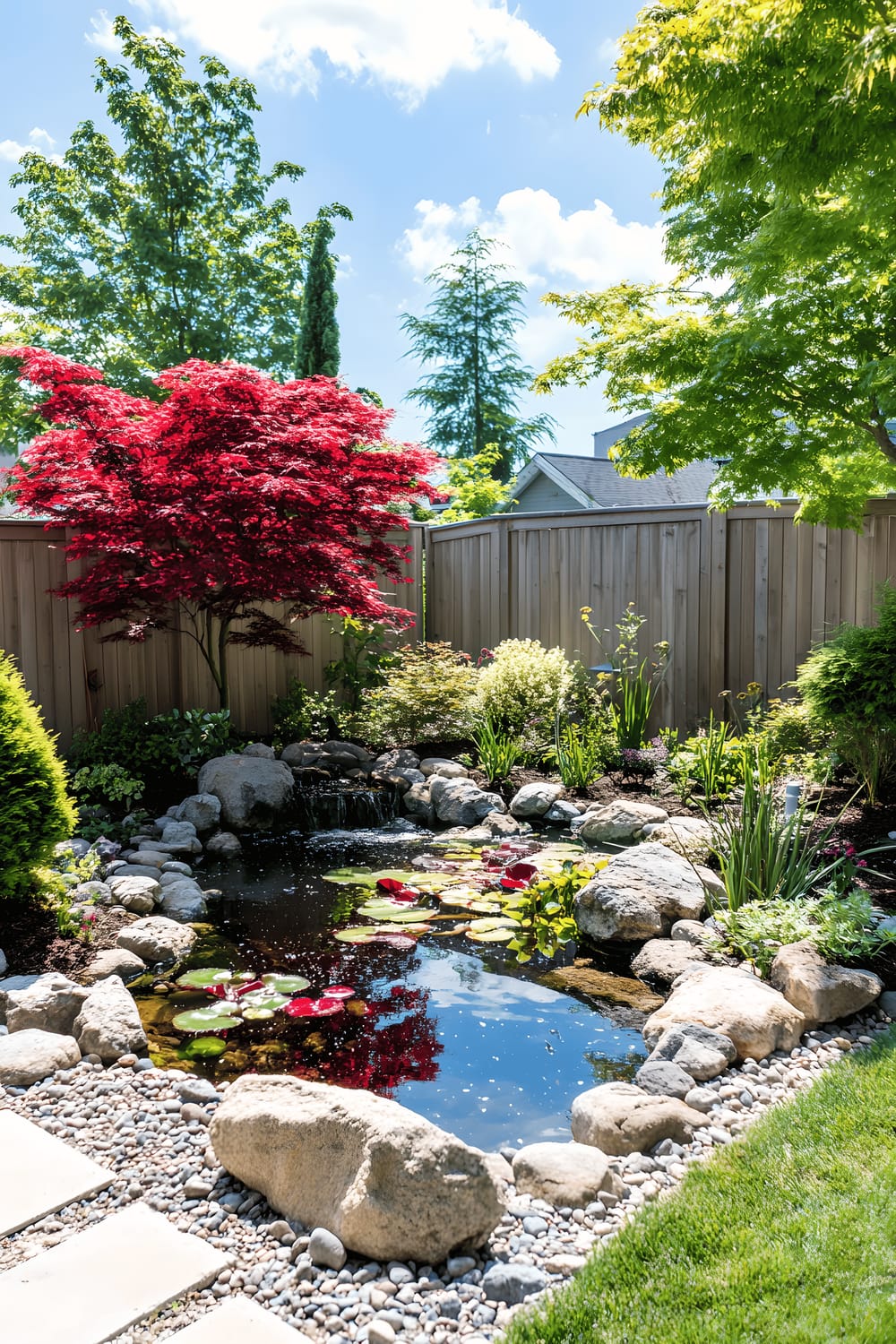 A peaceful small backyard garden with a natural pond, surrounded by colorful shrubs and a Japanese maple tree. The pond is bordered by rocks and is inhabited by aquatic plants. The garden is enclosed by a wooden fence and features a neat grassy lawn.