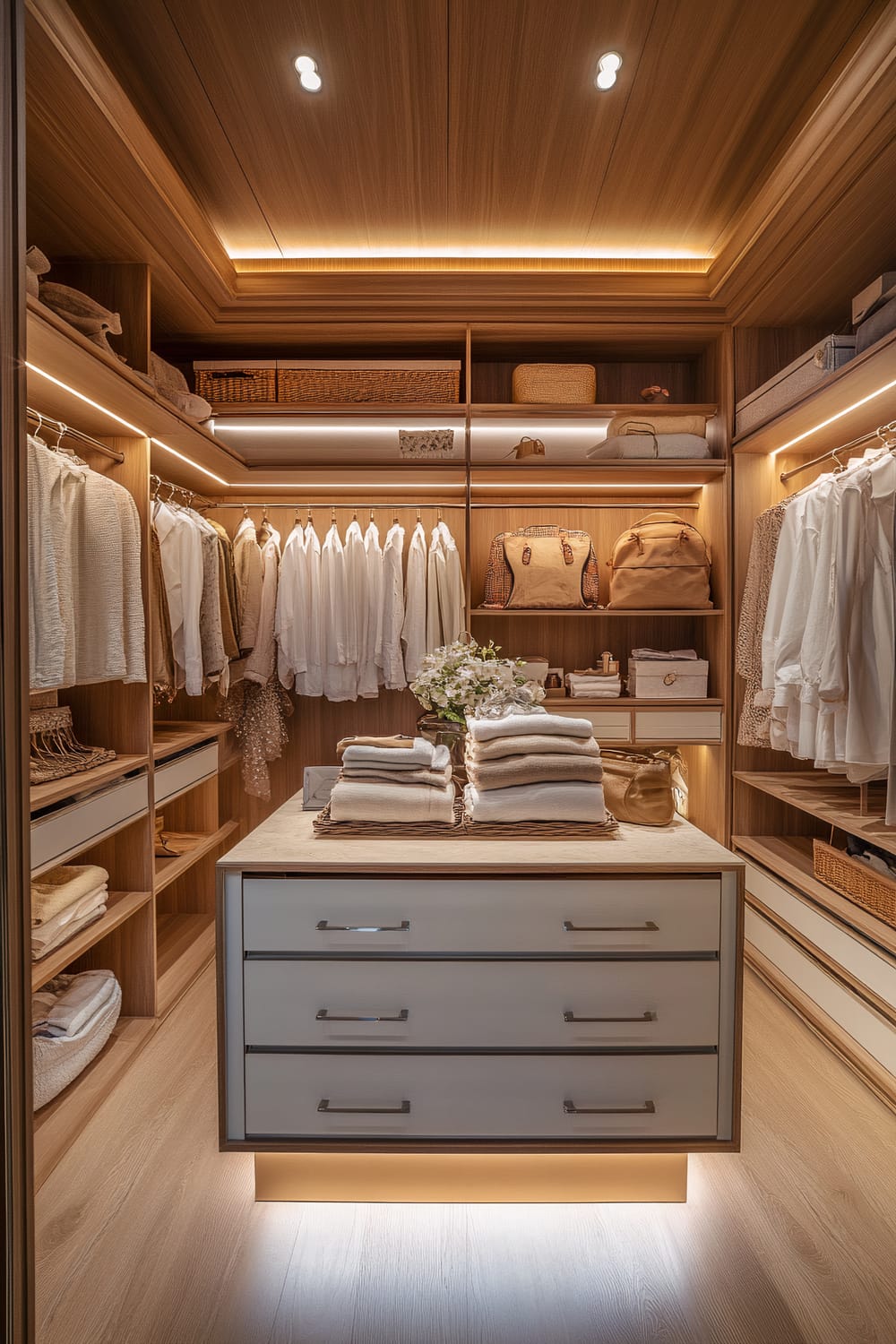 A small walk-in closet with wooden shelves and a central island. The closet is organized with white clothes hanging on both sides, accessories stored in baskets, and folded clothes in drawers and on open shelves. The island in the middle has a bouquet of flowers and neatly folded towels on top. The lighting is warm and embedded into the shelves and ceiling, creating a cozy ambiance.