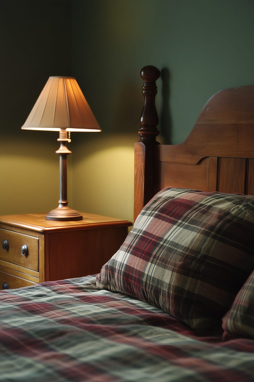 A cozy bedroom with a vintage-inspired design. It features an antique wooden bed with a plaid duvet in shades of green, red, and white. A classic bedside lamp provides warm lighting, sitting atop a wooden dresser with two knobs. The walls are muted olive green, enhancing the nostalgic atmosphere.