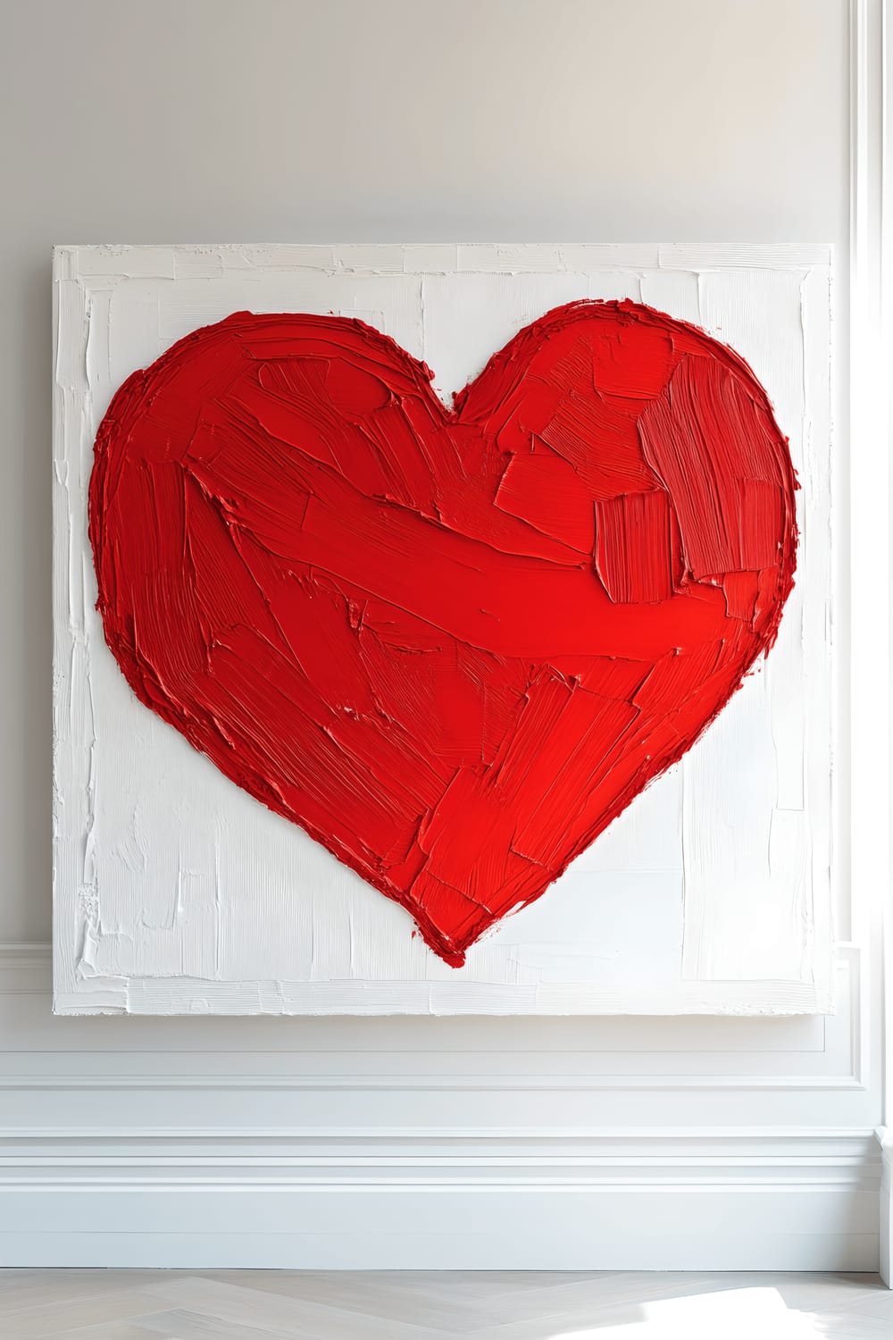 A large, lively and textured heart-shaped painting in vibrant red hues dominates a largely minimalist white space. The heart's details and depth are spotlighted by a stream of natural daylight, while the surrounding decor - white walls and trim with a few uncluttered furnishings - underscores the artwork as the central piece.