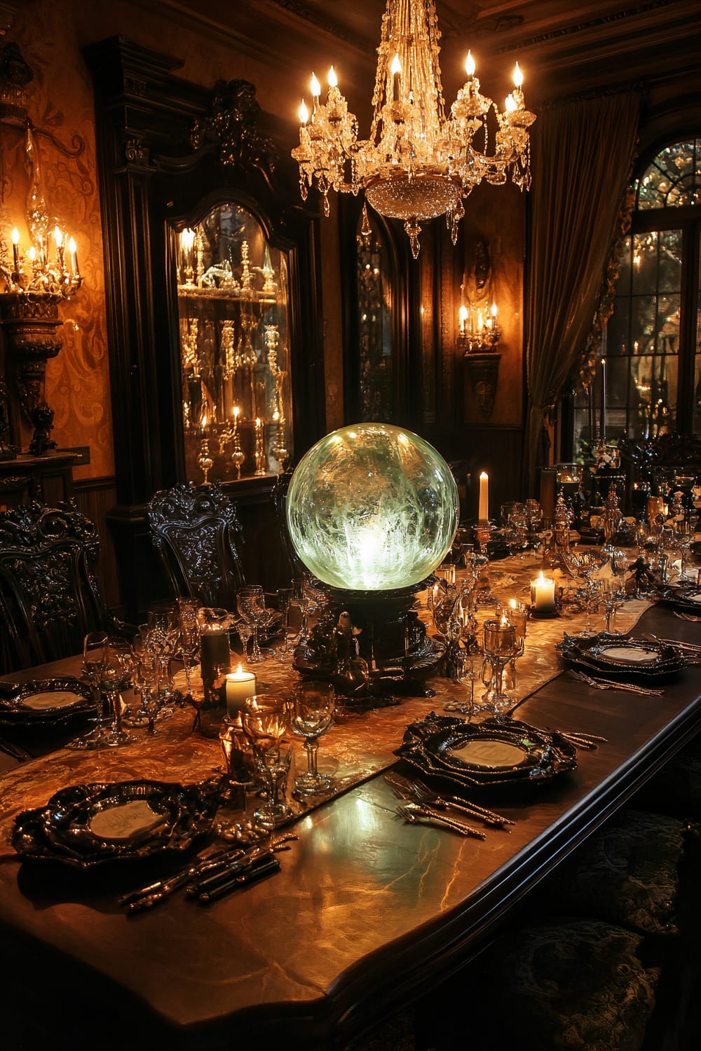 A grand dining table is adorned with an illuminated crystal orb as its centerpiece, casting an eerie greenish glow. The table features intricate, dark wooden furniture and is set with elegant black and gold candles, sophisticated glassware, and posh, mysterious Halloween decor. Surrounding the table are tall, ornate chairs with dark detailing. Above the table hangs an opulent chandelier with lit candles, enhancing the dramatic ambiance of the room adorned with rich, dark elements and lavish drapery.